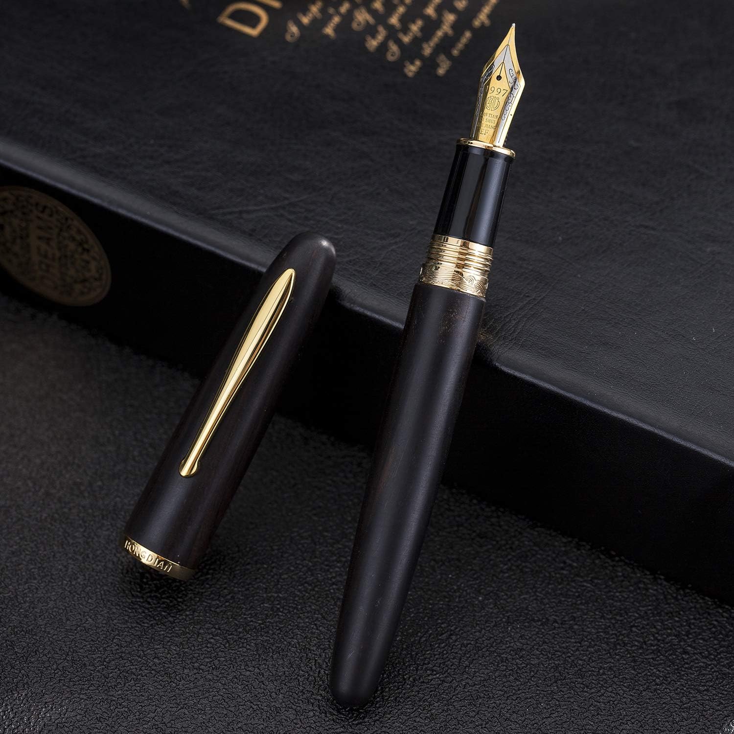 HongDian 660 pluma estilográfica de madera de ébano natural, pluma de escritura fina de iridio con estuche de metal