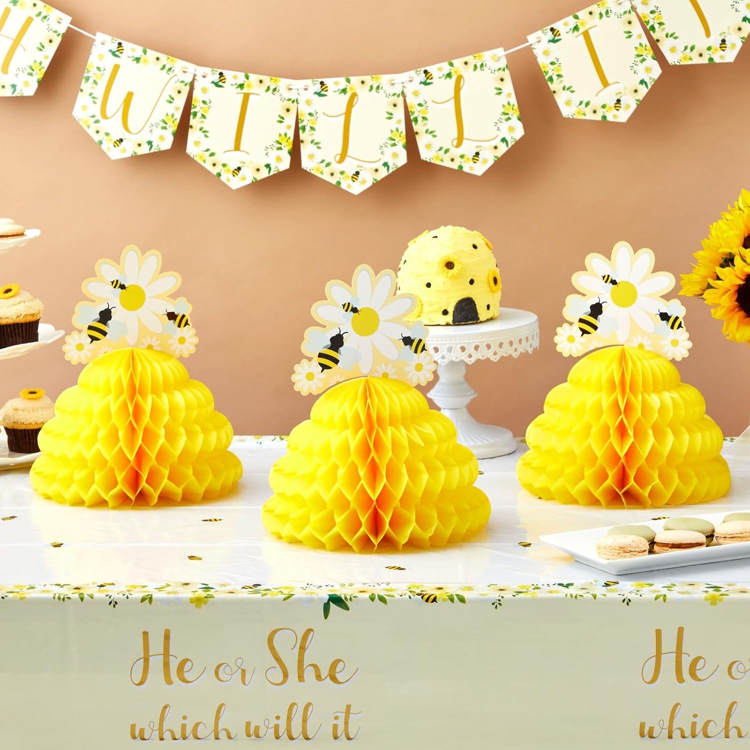 Sparkle and Bash Bumble Bee – Centro de mesa de panal (9 x 11 pulgadas, amarillo, paquete de 3)