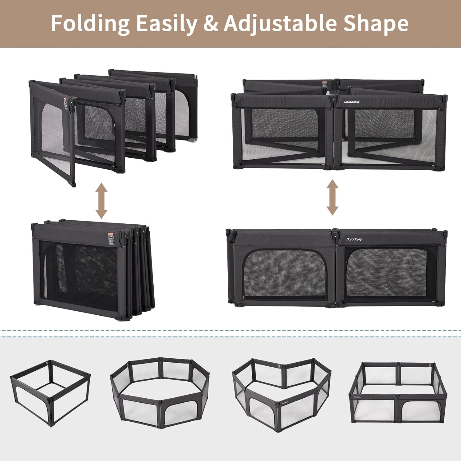 Corralito plegable y ajustable de forma y tamaño para niños pequeños, corralitos grandes de 79 x 71 pulgadas de malla de seguridad plegable para