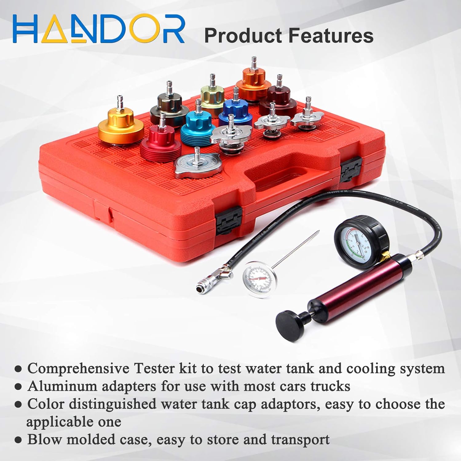 Handor Kit de herramientas de probador de presión de radiador de aluminio, sistema de enfriamiento a presión al vacío, juego de probador de presión