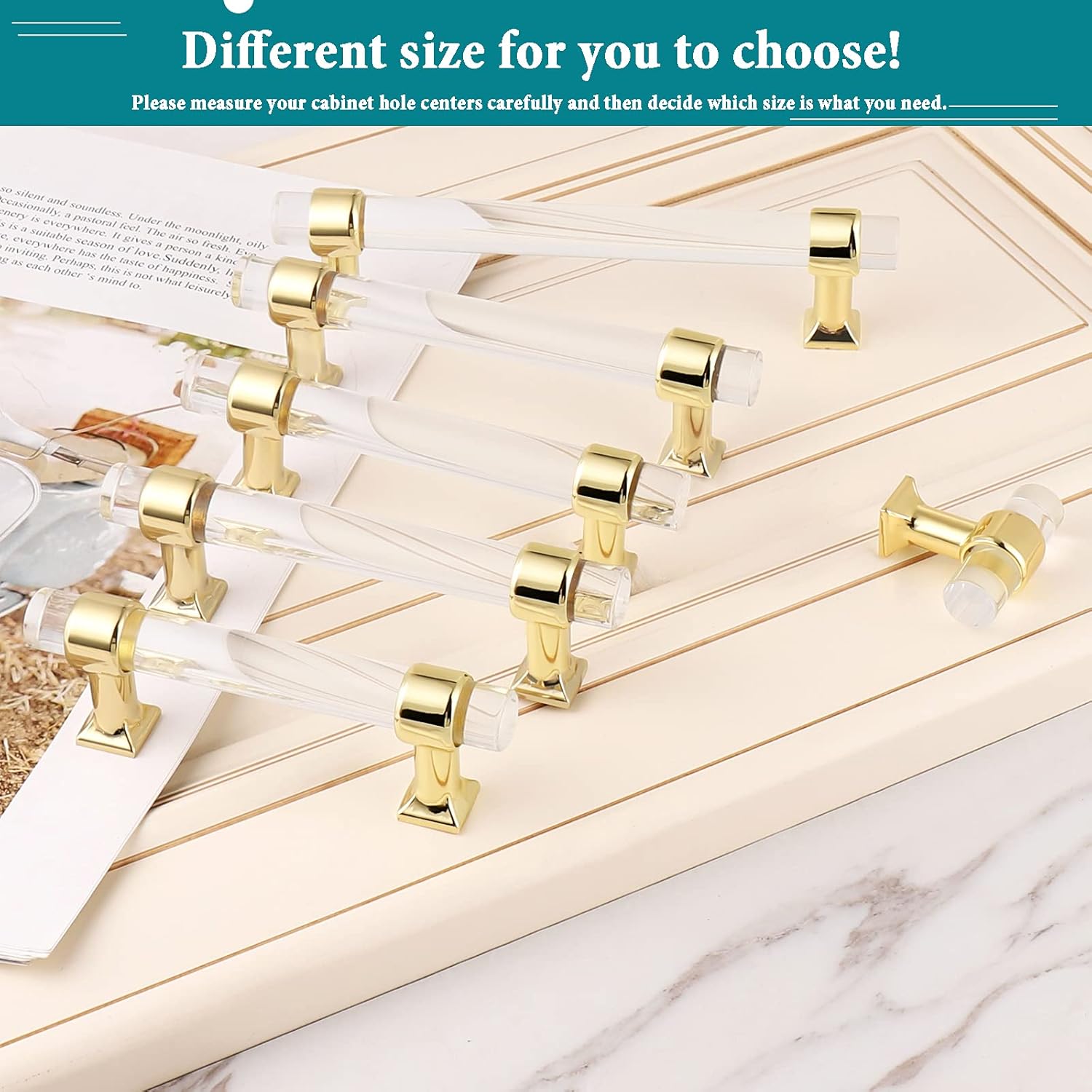 Orger – Paquete de 25 manijas de gabinete de cocina de acrílico de cristal con acabado dorado de 3.75 pulgadas, manijas centrales para gabinetes,