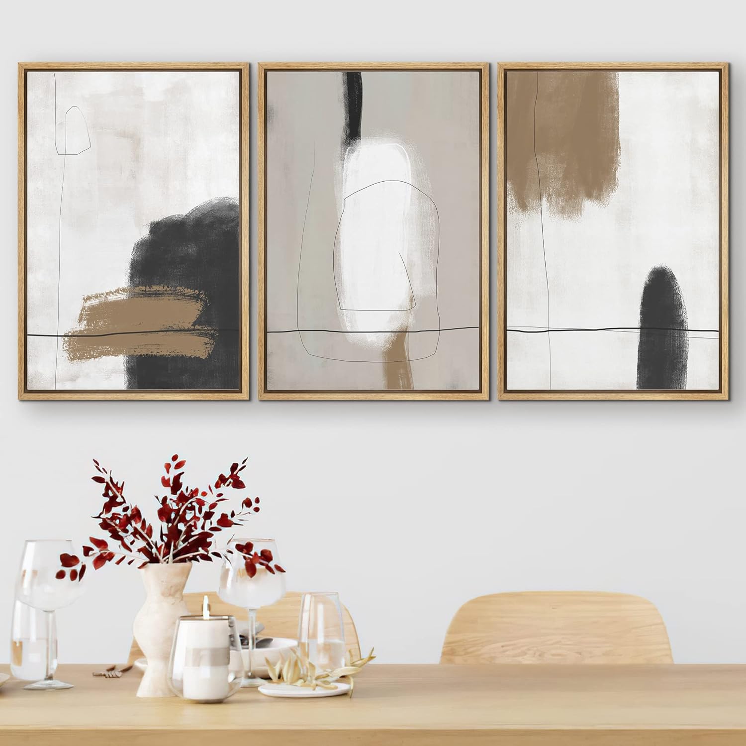 SIGNFORD – Juego de 3 lienzos enmarcados para pared, grunge, marrón y blanco, formas abstractas, moderno, bohemio, nórdico, relajante, para sala de