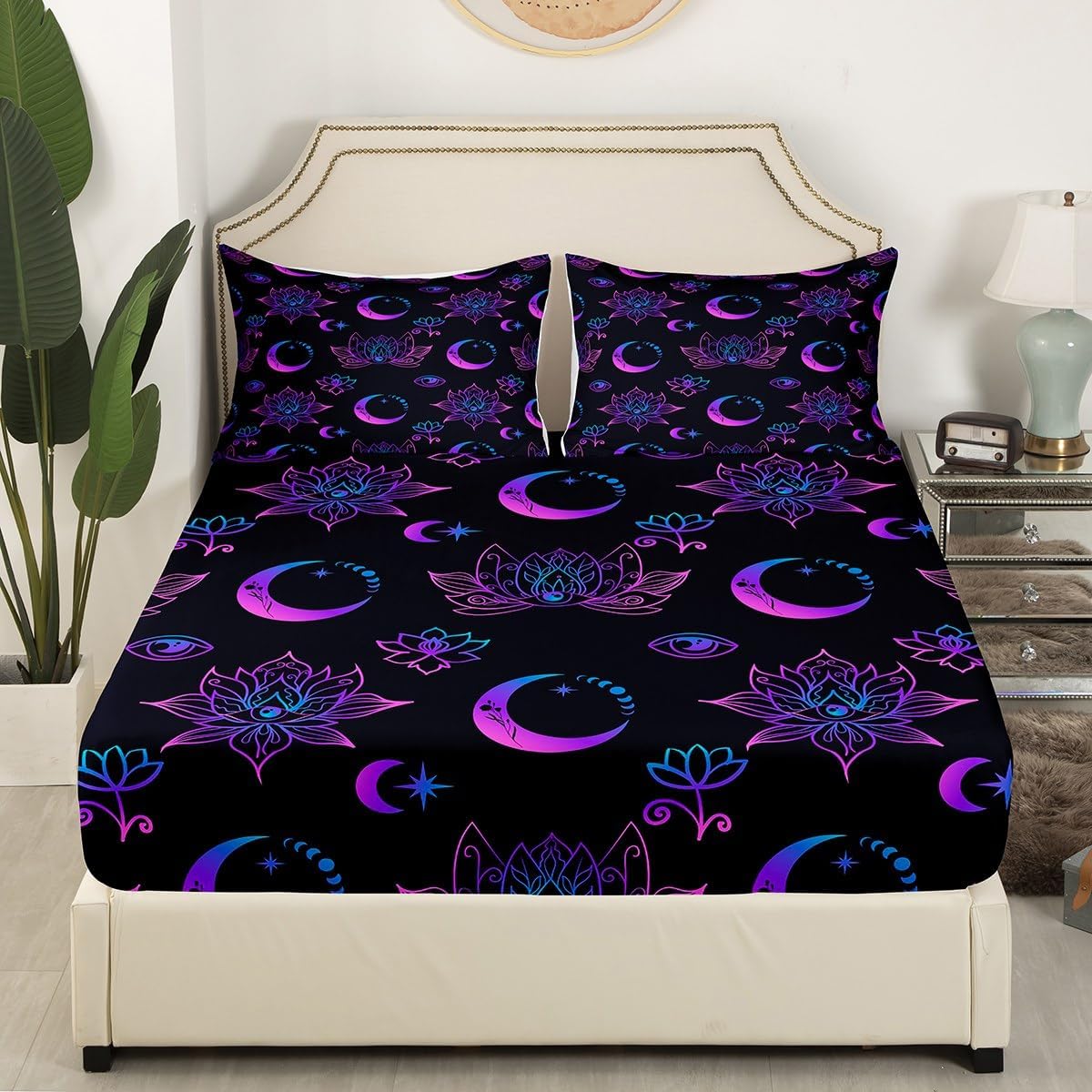 Erosebridal Hippie Lotus – Juego de sábanas de cama de fase lunar, juego de cama ajustable con estampado de ojos bohemios, color rosa y morado, ropa
