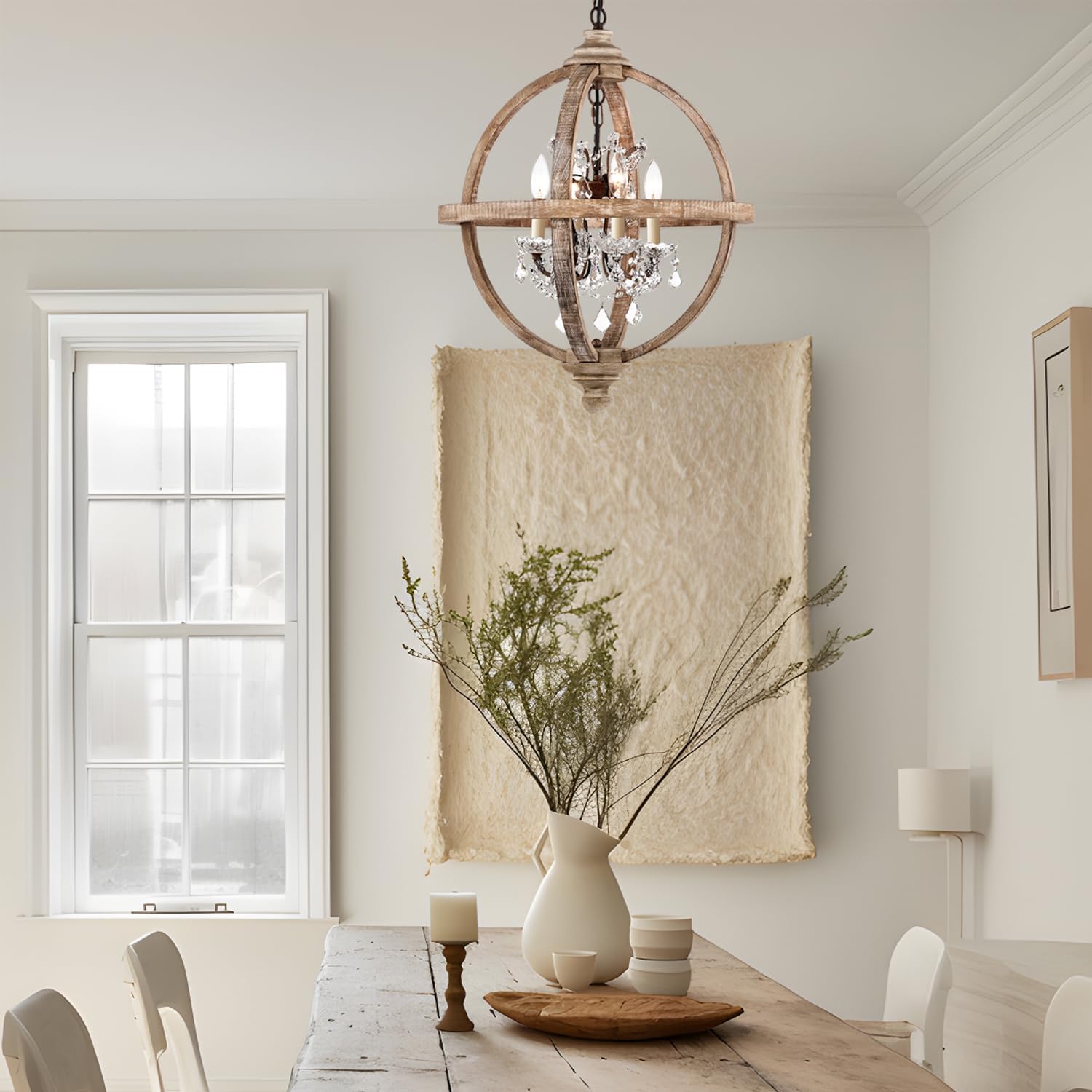 Cawabien Candelabro de metal y madera con 4 luces, estilo rústico con cristales transparentes, lámpara de techo de madera vintage para cocina,