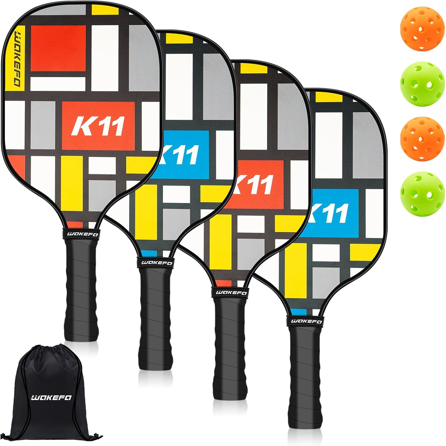 Juego de 4 palas de pickleball para interiores y exteriores, raquetas de pickleball de madera con agarre ergonómico amortiguador, 4 bolas de