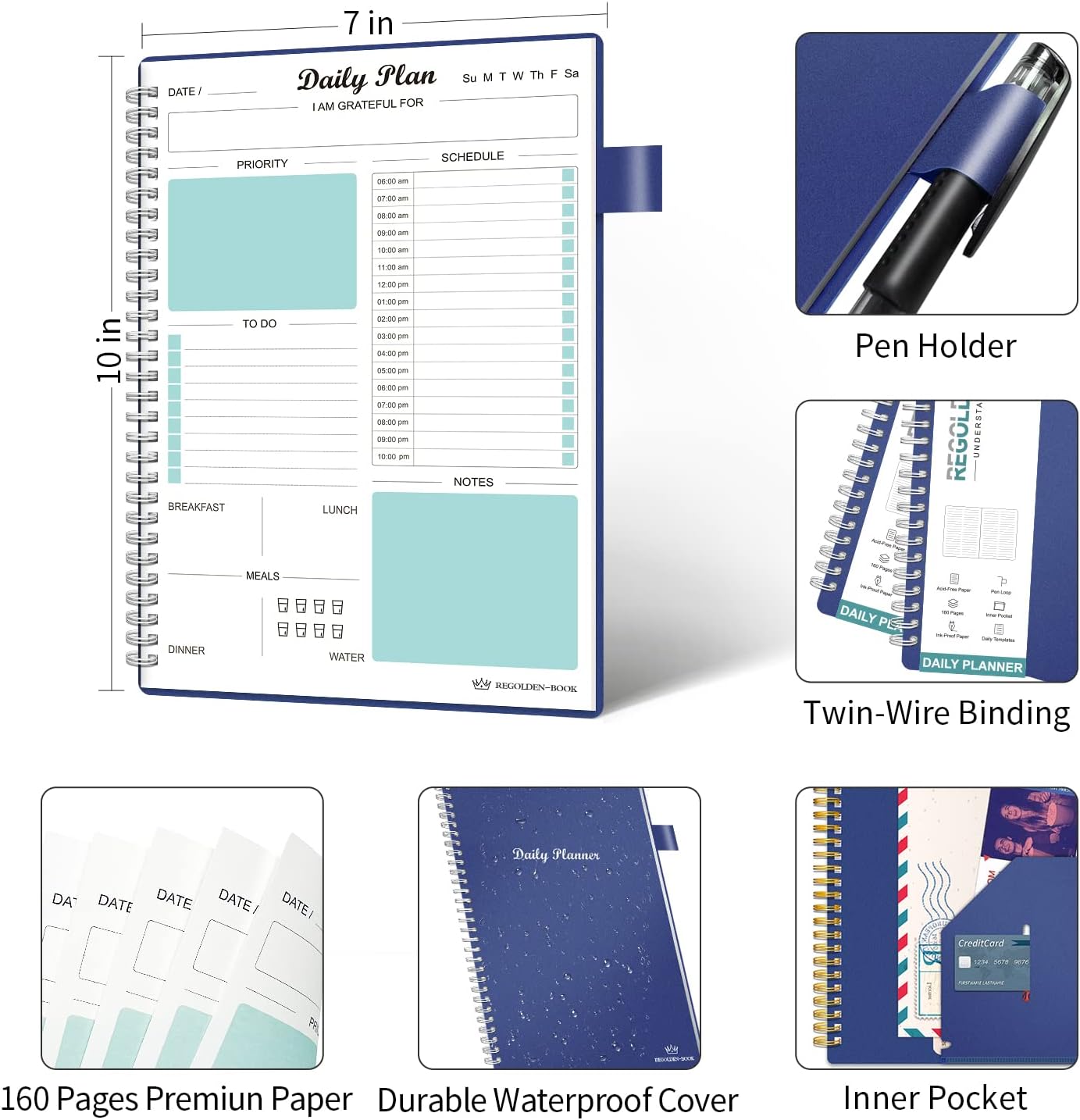 Agenda diaria sin fecha, cuaderno de lista de tareas con calendario por hora Regolden-Book calendarios de comida, organizador de citas en espiral