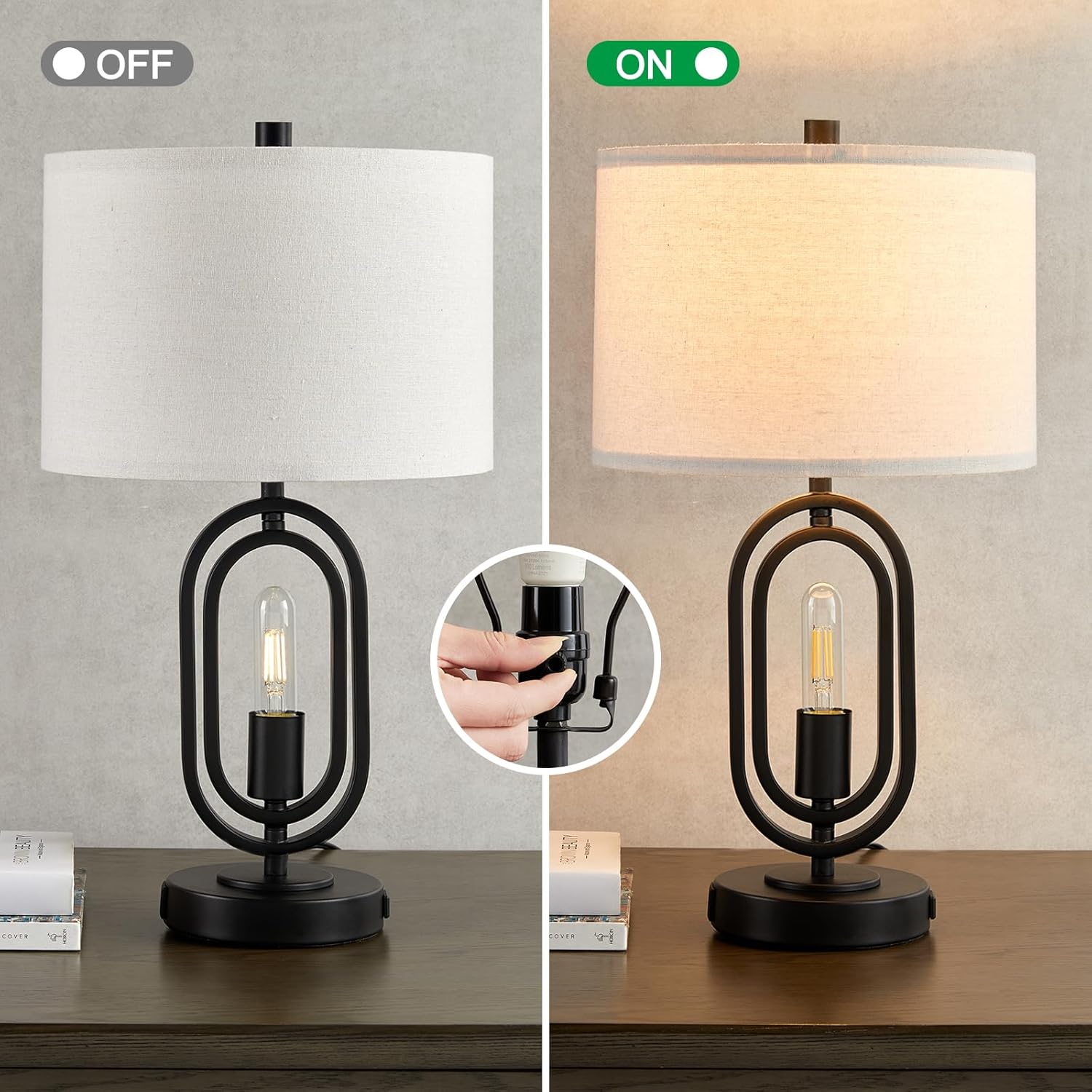 Kyrid Juego de lámpara de mesa negra de 22 pulgadas con puerto USB y tomacorriente, lámparas de mesa de noche con control táctil de 3 vías con luz