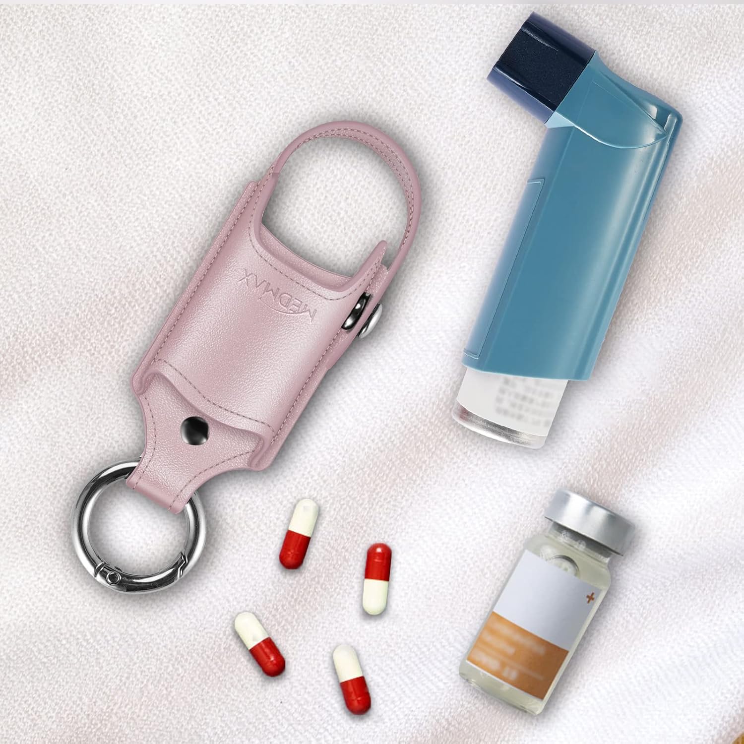Soporte para inhalador de asma de piel sintética protectora de viaje, práctica funda de transporte ligera con clip de mosquetón, inhalador no