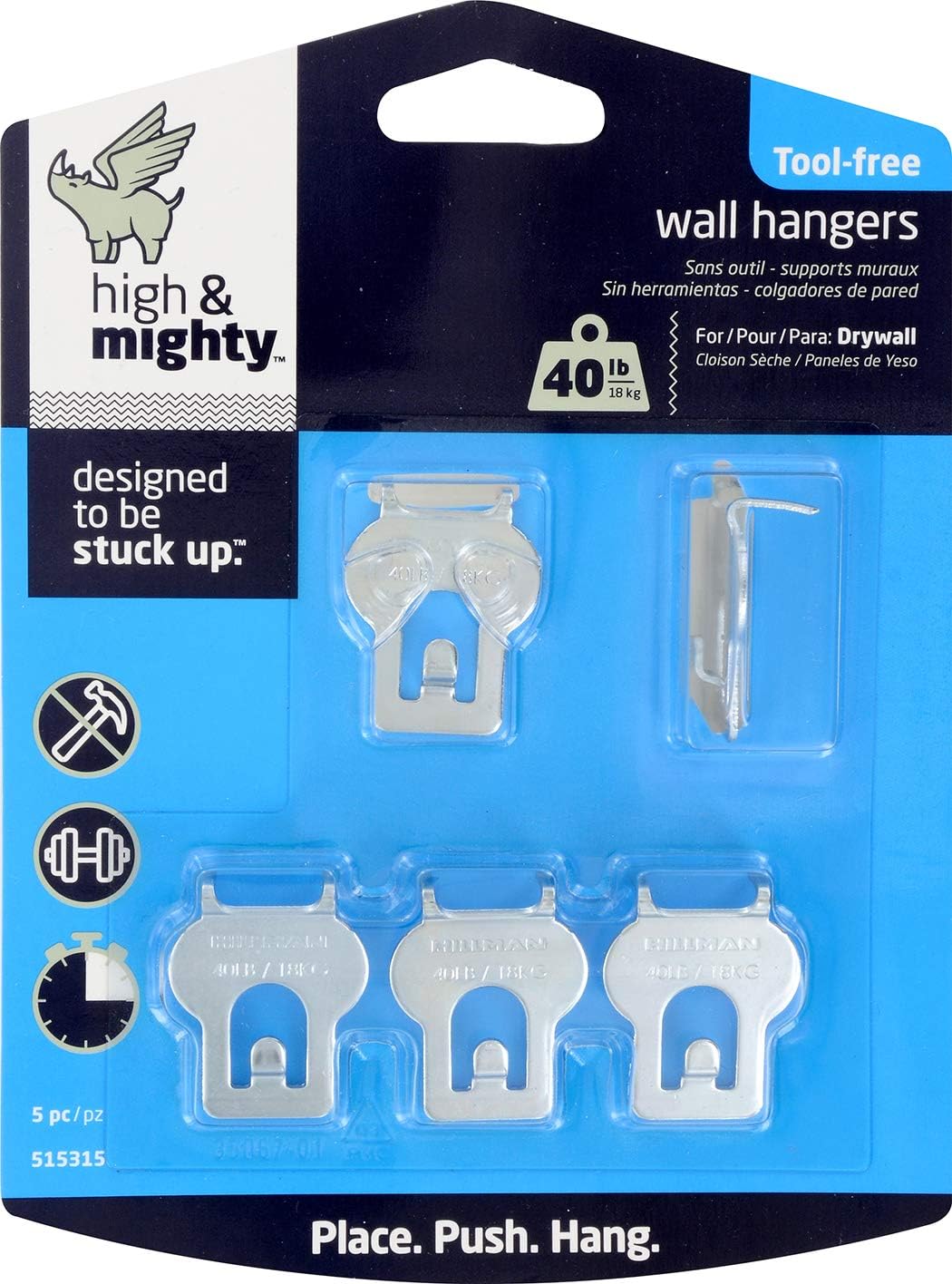 HIGH & MIGHTY 515315 – Perchas de pared fáciles de secar sin herramientas para obras de arte, fotos y espejos, soporta hasta 40 libras, paquete de