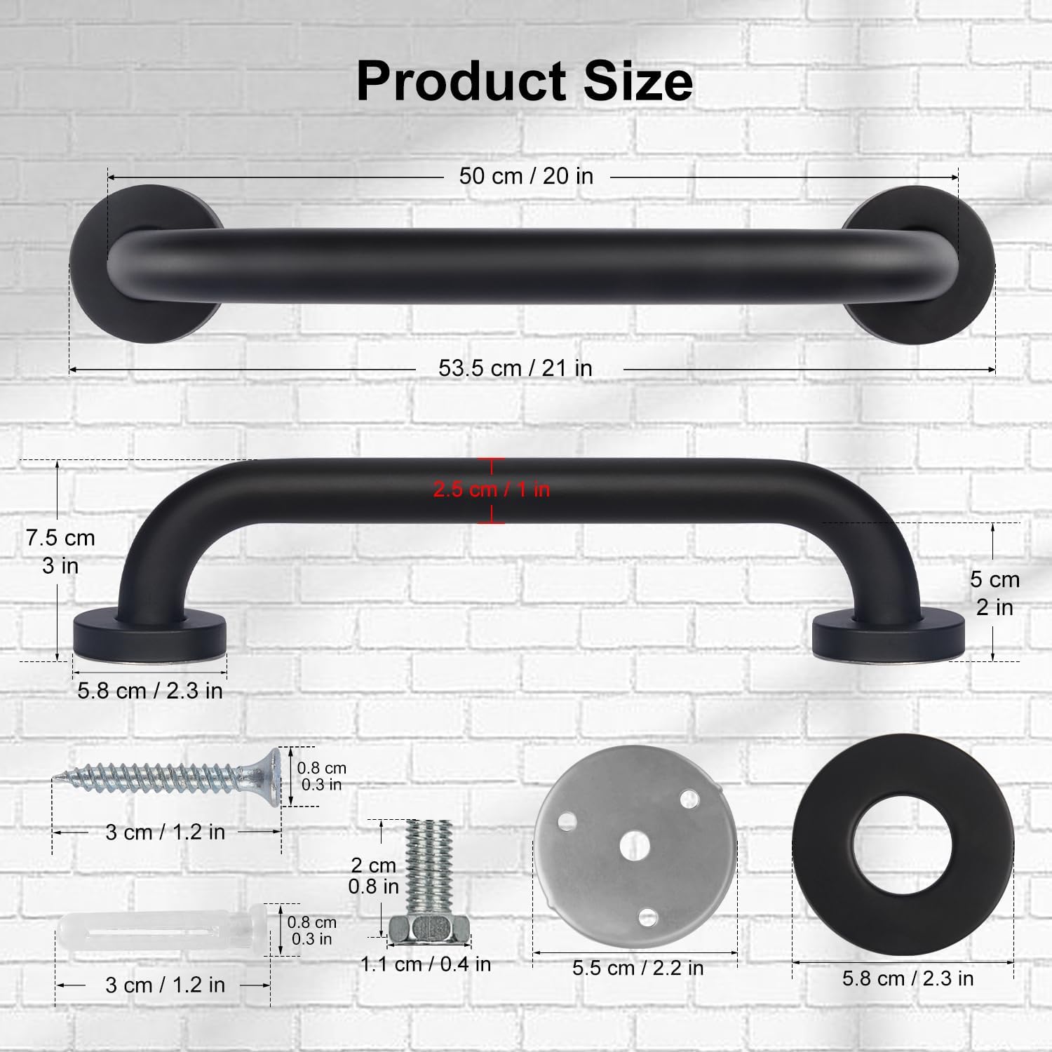 supregear – Paquete de 2 barras de agarre para baño, barra de seguridad negra de 20 pulgadas de longitud, mango antideslizante de acero inoxidable