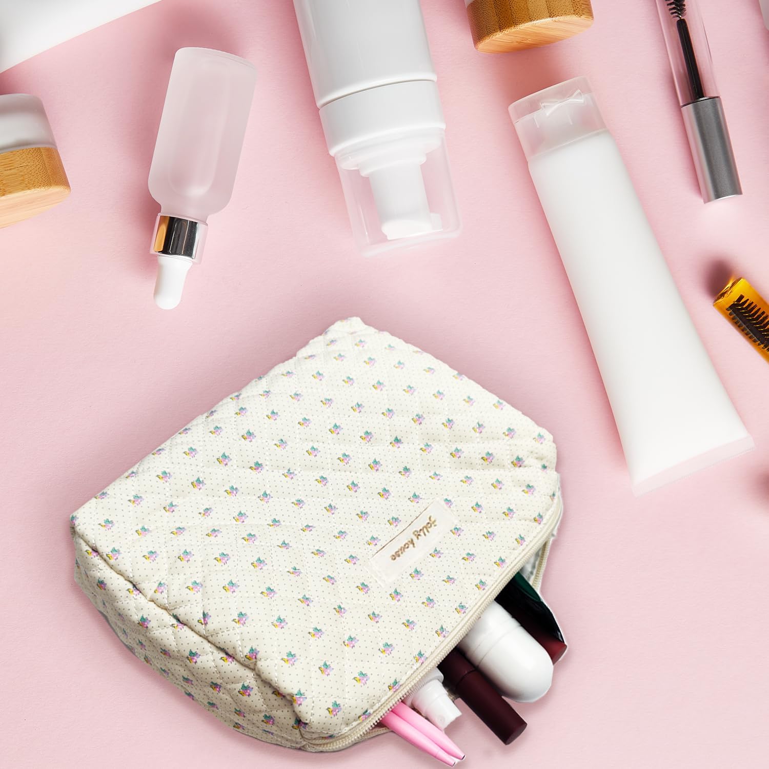 GEMLORD Bolsa de maquillaje de 3 piezas con parches de preparación para niños, pequeña bolsa de cosméticos con letras de chenilla, piel sintética,