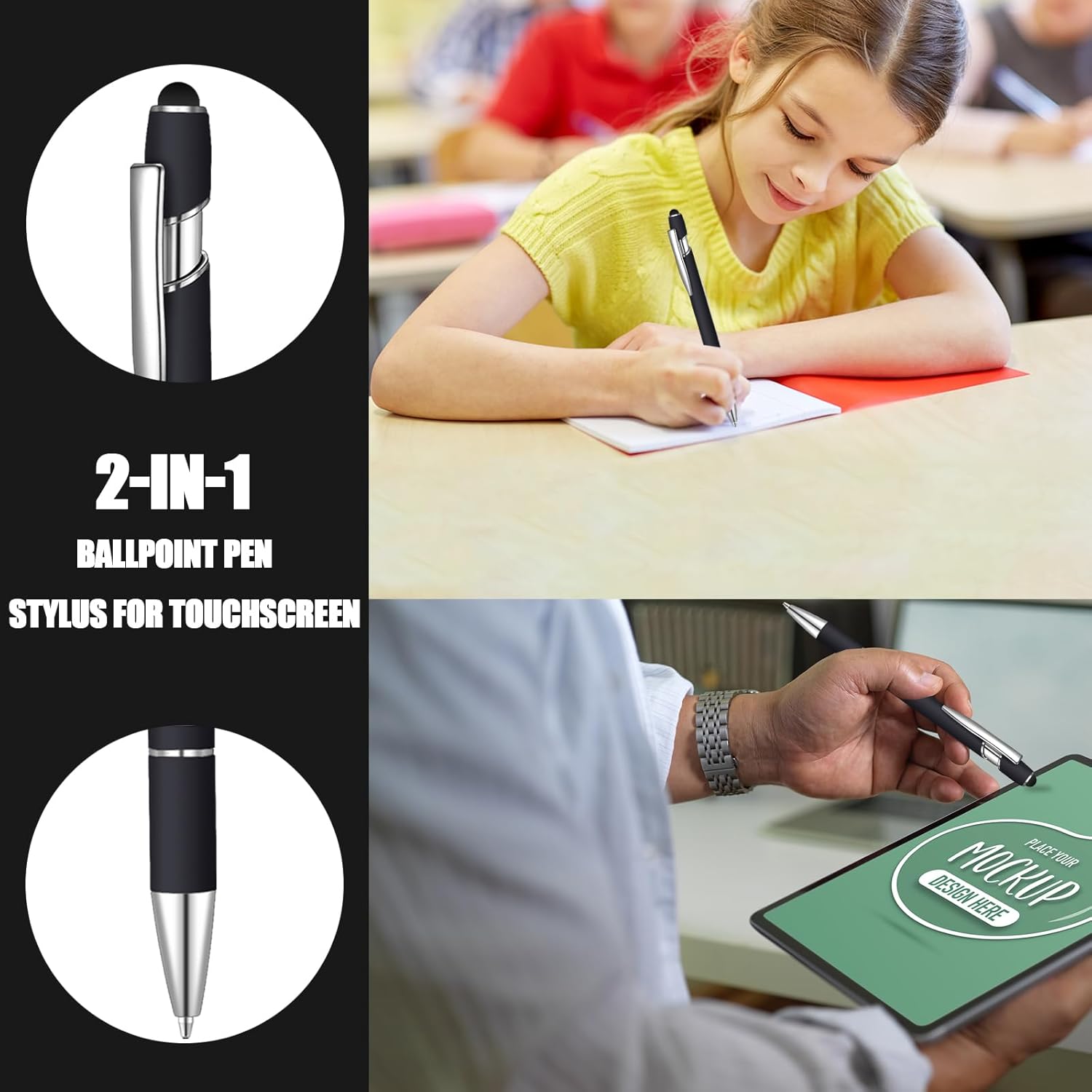 Lragvtbk 6 bolígrafos de tinta azul con punta de lápiz digital 2 en 1, bolígrafos de metal, para pantallas táctiles, colegio, oficina, compañeros de
