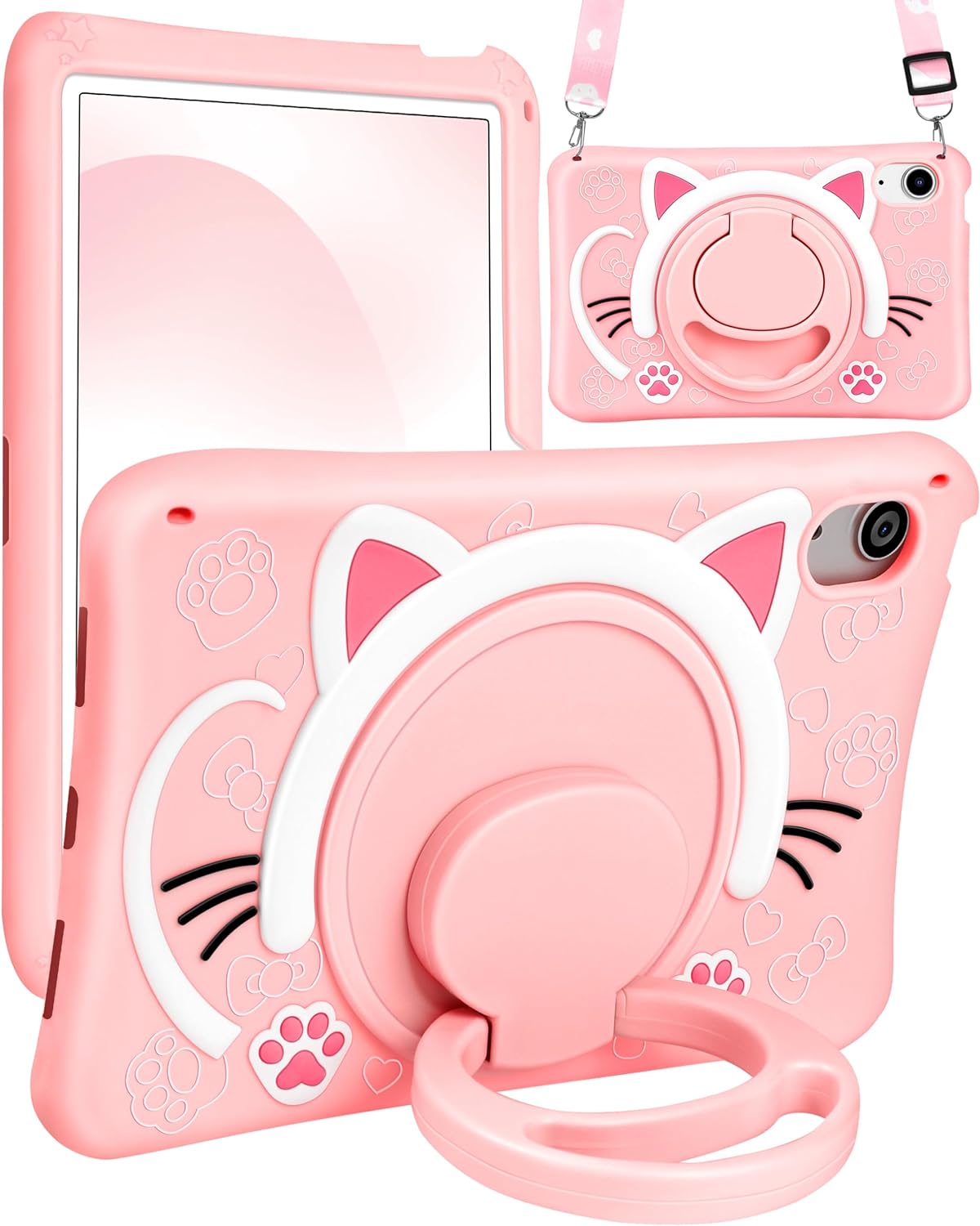 Funda para iPad Mini 6 de 8.3 pulgadas para niñas, diseño de gato kawaii, diseño de caricaturas 3D, con asa giratoria y correa de silicona suave