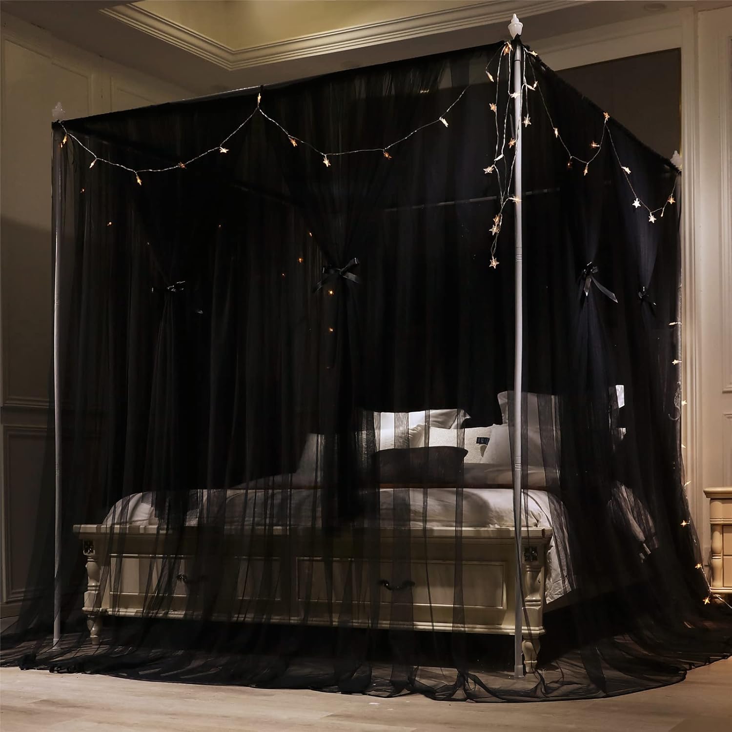 VETHIN 4 Corners Post Princess Bed Canopy Curtain Double Layer Cozy Drape Netting 4 Opening Mosquito Net for Girls & Adults Bedroom Decoration