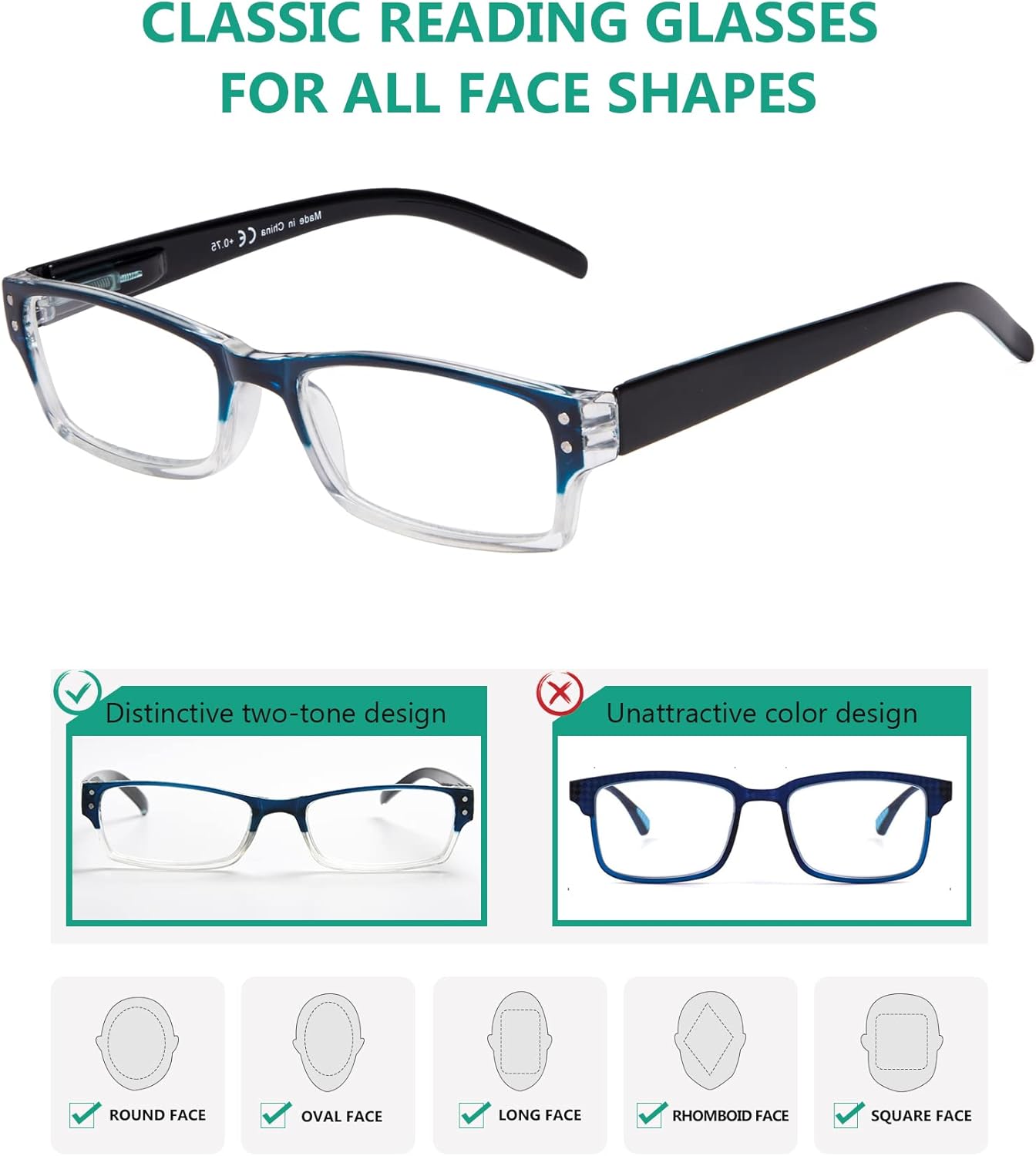 Eyekepper Paquete de 4 lentes de lectura clásicos para mujeres y hombres, lectores de dos tonos, marco azul-transparente, +1.00