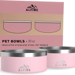 ALPINE Juego de 2 cuencos de acero inoxidable para perros, antideslizantes, de metal para alimentos y agua, aislamiento de doble pared, a prueba de ALPINE Juego de 2 cuencos de acero inoxidable para perros, antideslizantes, de metal para alimentos y agua, aislamiento de doble pared, a prueba de