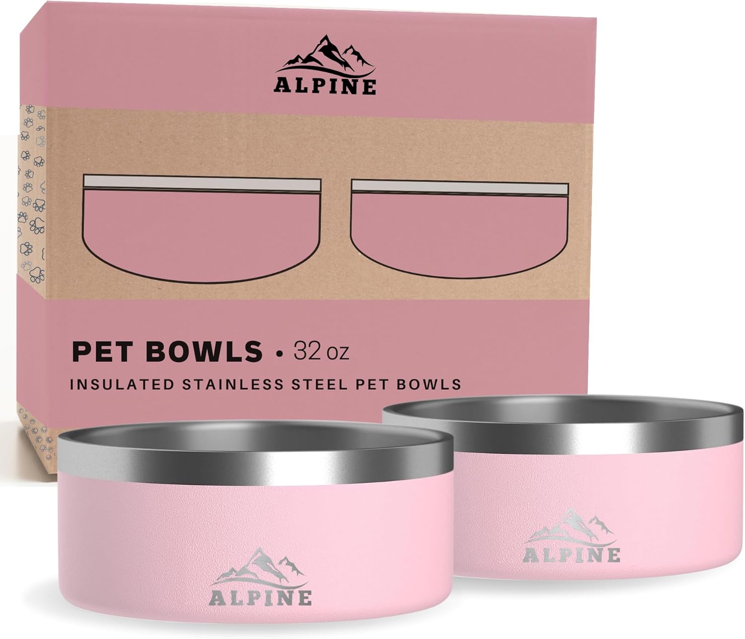 ALPINE Juego de 2 cuencos de acero inoxidable para perros, antideslizantes, de metal para alimentos y agua, aislamiento de doble pared, a prueba de