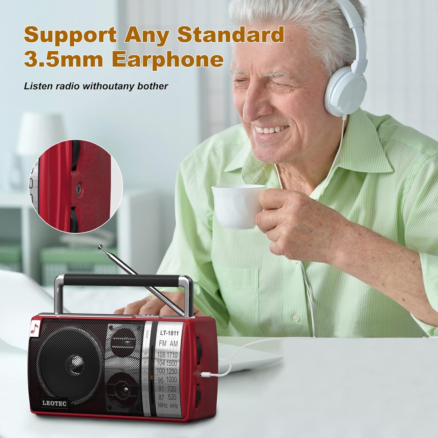 LEOTEC Radio AM FM, radio Bluetooth portátil, enchufe de pared o funciona con pilas, la mejor recepción con conector para auriculares, de mano,