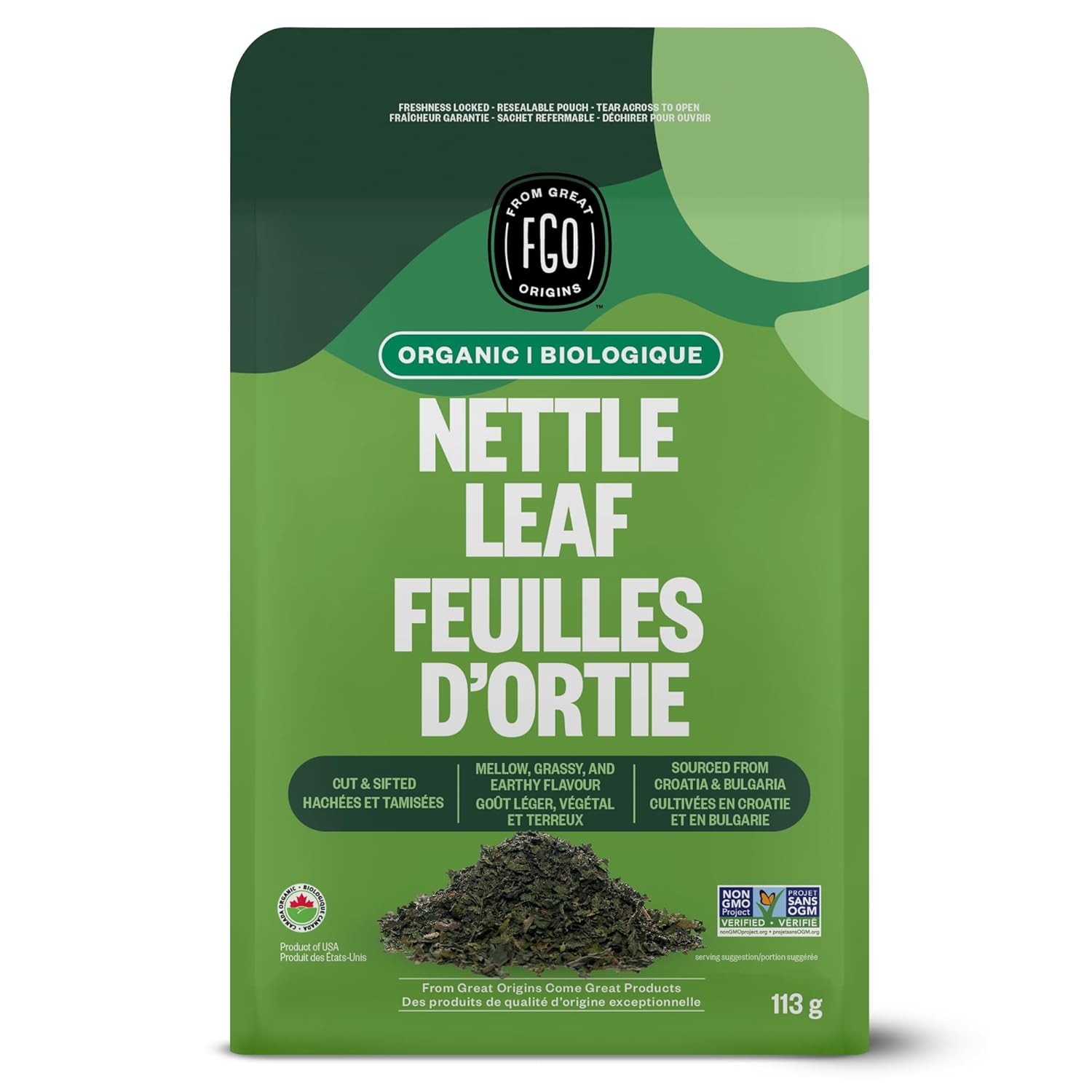 FGO Té de hojas sueltas de ortiga orgánica, bolsa de papel de estraza que se puede volver a cerrar, 4 oz, el embalaje puede variar (paquete de 1)