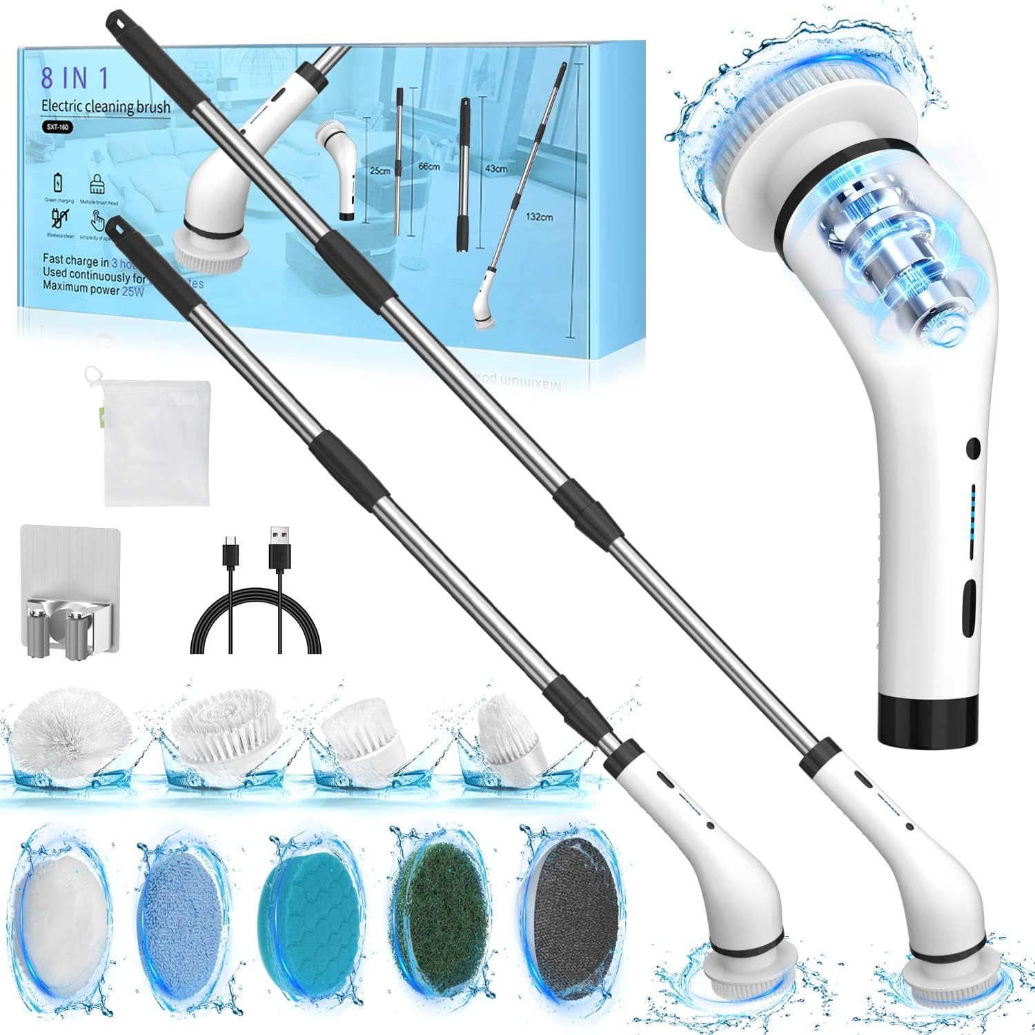 SZFIXEZ SXT-160 – Cepillo eléctrico de limpieza de ducha, 2 velocidades ajustables, inalámbrico, con 8 cabezales de cepillo reemplazables para