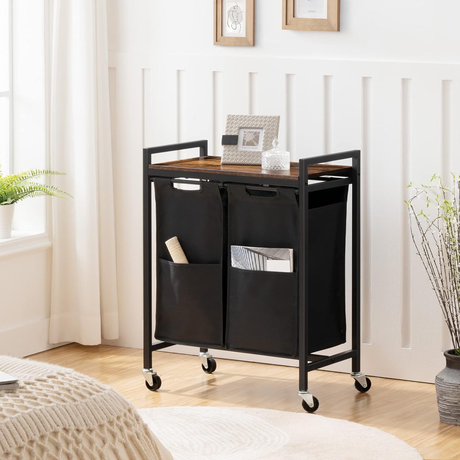 Cesta de lavandería, clasificador de ropa sucia de 2 secciones, cesta de lavandería con ruedas, carrito rodante, bolsas de tela Oxford extraíbles y