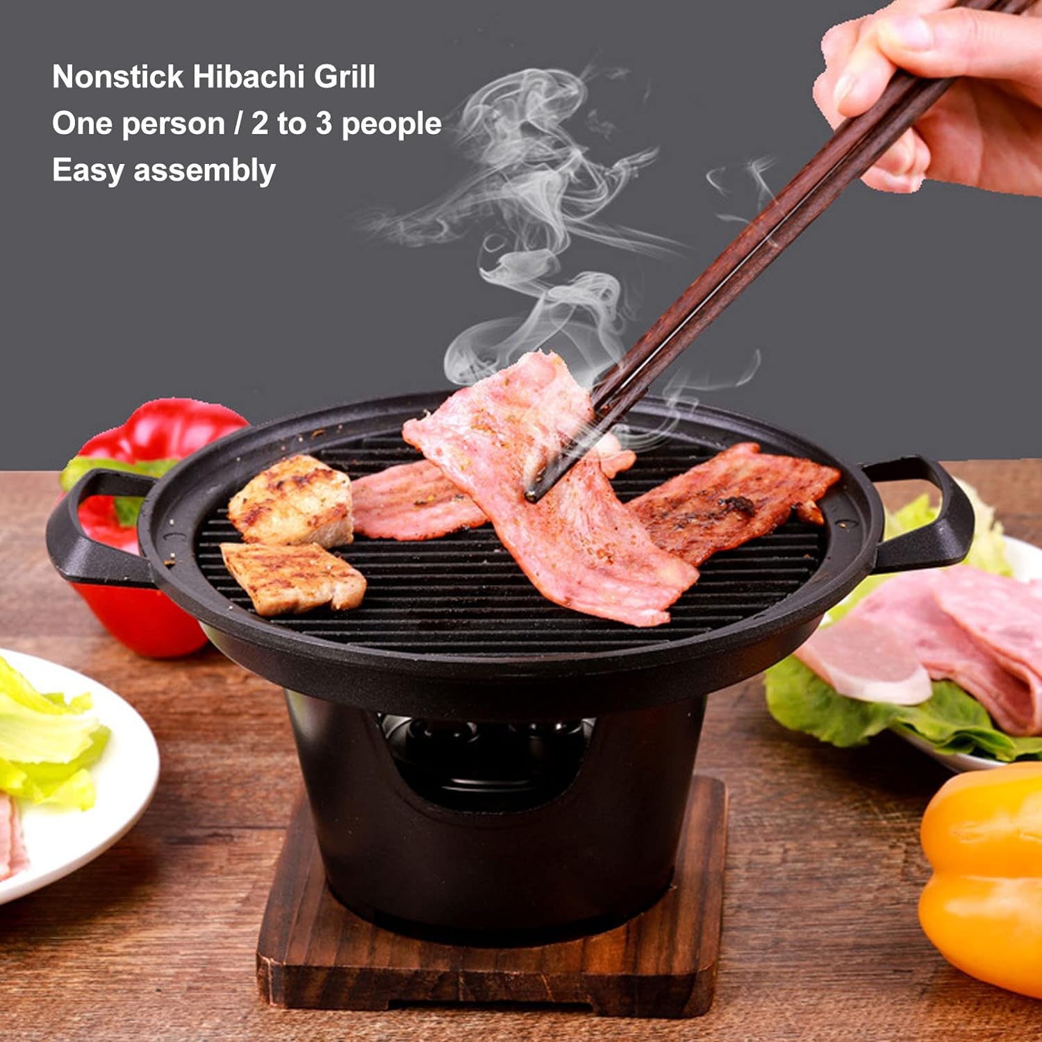 Parrilla de carbón, parrilla de carbón portátil Hibachi japonesa con base de madera, 8.46 x 6.89 x 5.31 pulgadas, parrilla portátil sin humo de