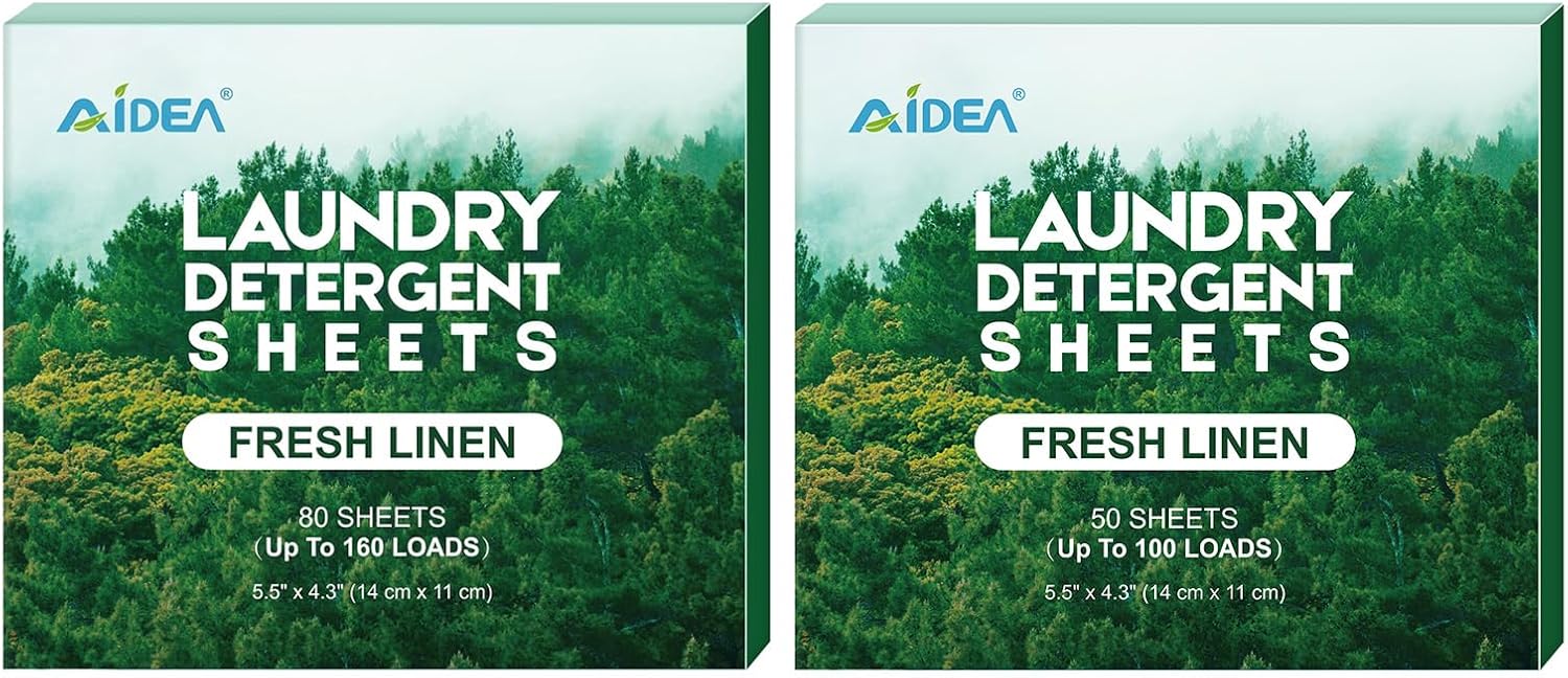 AIDEA Hojas de detergente para ropa, aroma fresco (100 cargas), 50 hojas, detergente ecológico para ropa, sin jarra de plástico, hojas de jabón para