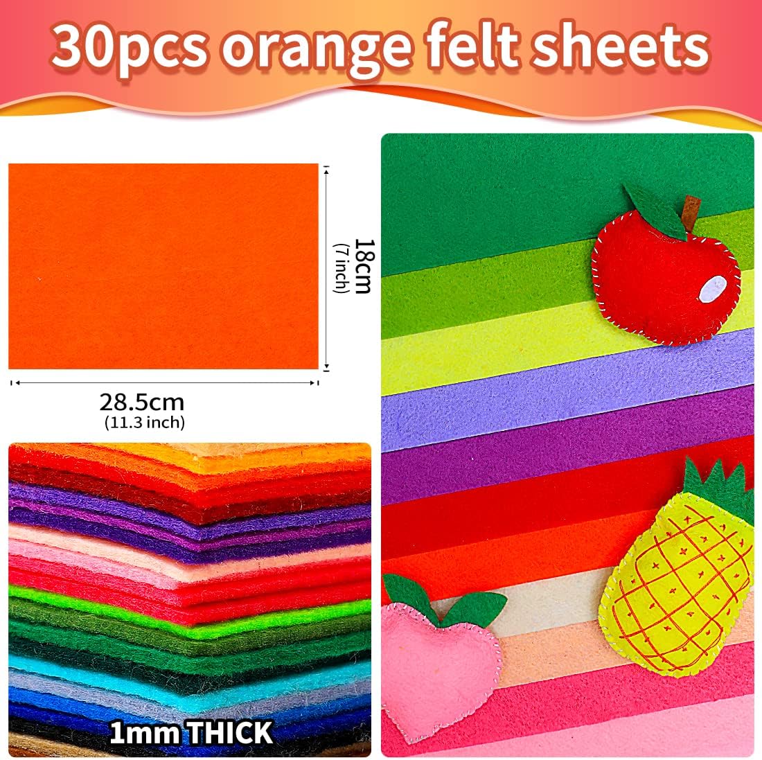 IOOLEEM Hojas de fieltro naranja, 30 piezas de 7 x 11.3 pulgadas (cerca de tamaño A4 – 7.1 x 11.2 in) hoja de fieltro precortada para manualidades,