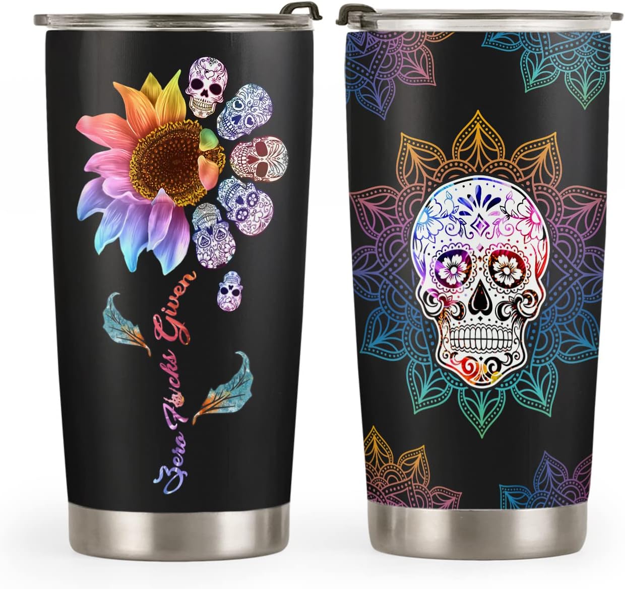 64HYDRO – Vaso térmico con tapa de 20 oz con diseño de calavera con mandala, doble pared con vacío, jarro de café de viaje, termo deportivo