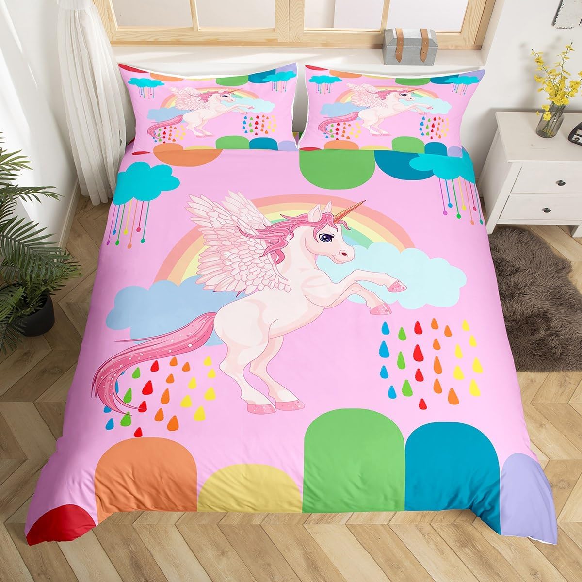 Manfei Juego de funda de edredón de unicornio rosa, tamaño matrimonial, funda de edredón de nubes arcoíris de dibujos animados con 2 fundas de