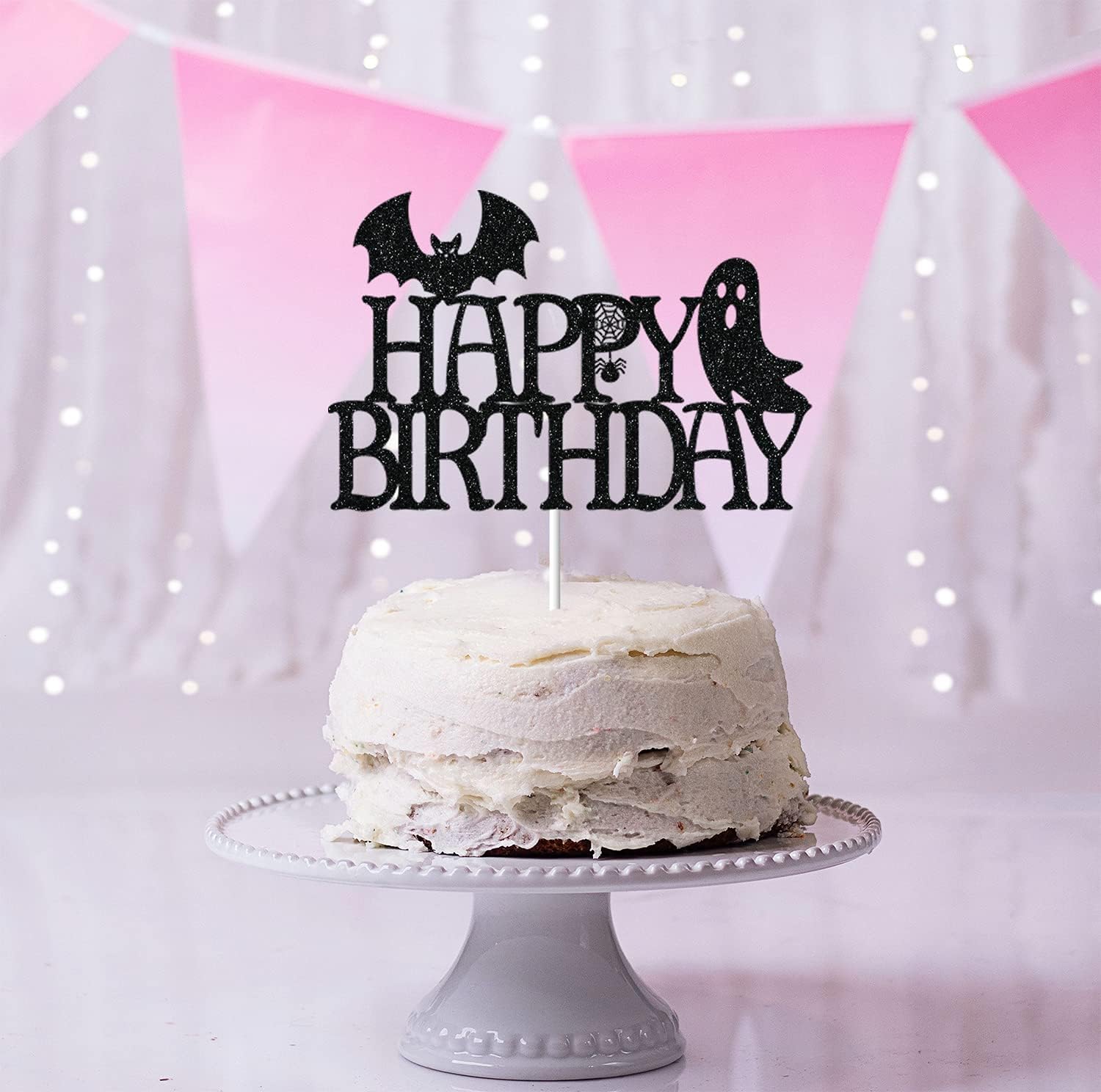 CAVLA Decoración negra con purpurina para tarta de cumpleaños de Halloween con decoración de pastel de cumpleaños de Halloween con murciélago,