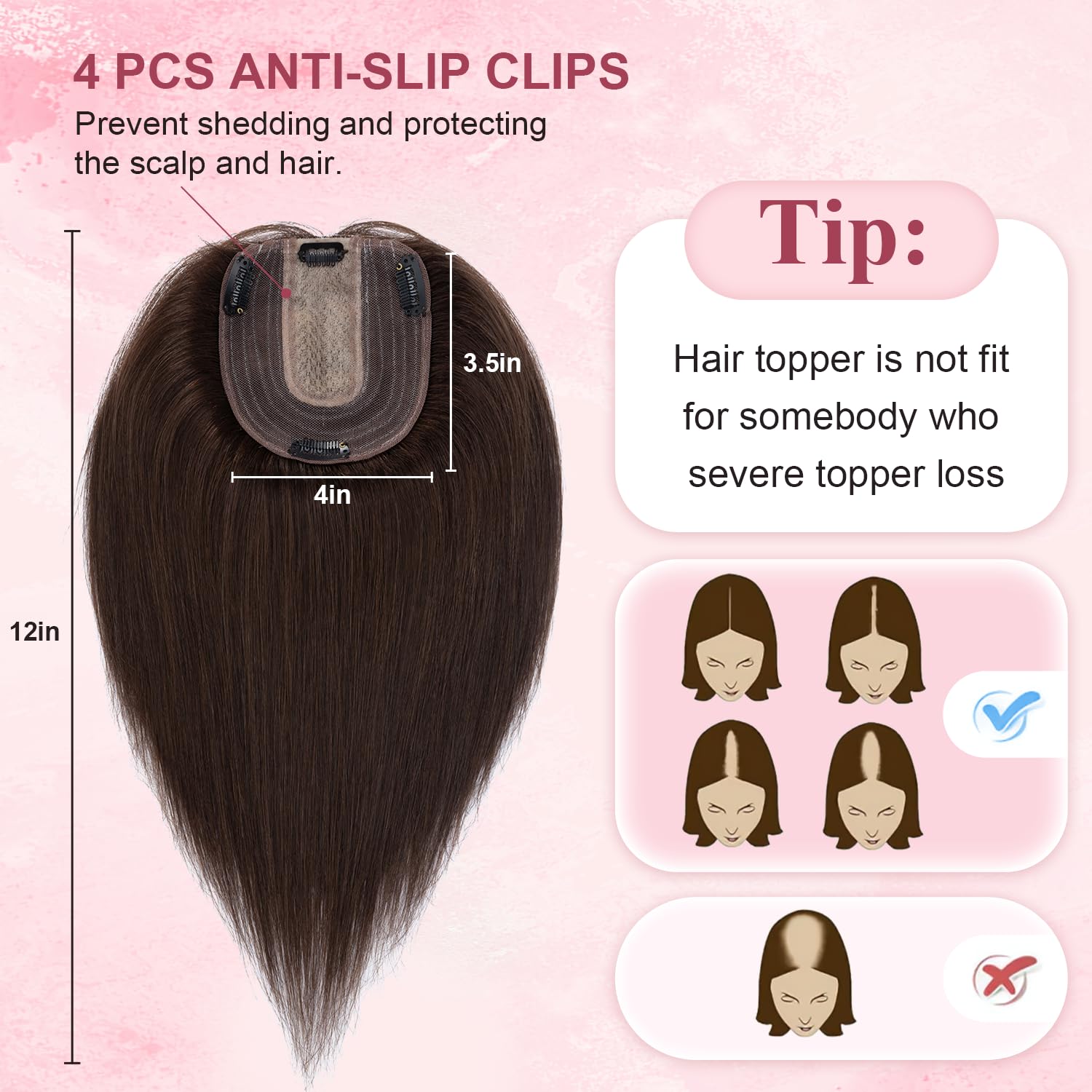 Toppers de cabello humano para mujeres con cabello delgado, densidad del 120 %, base de seda grande con clip, piezas de pelo corto sin explosión,