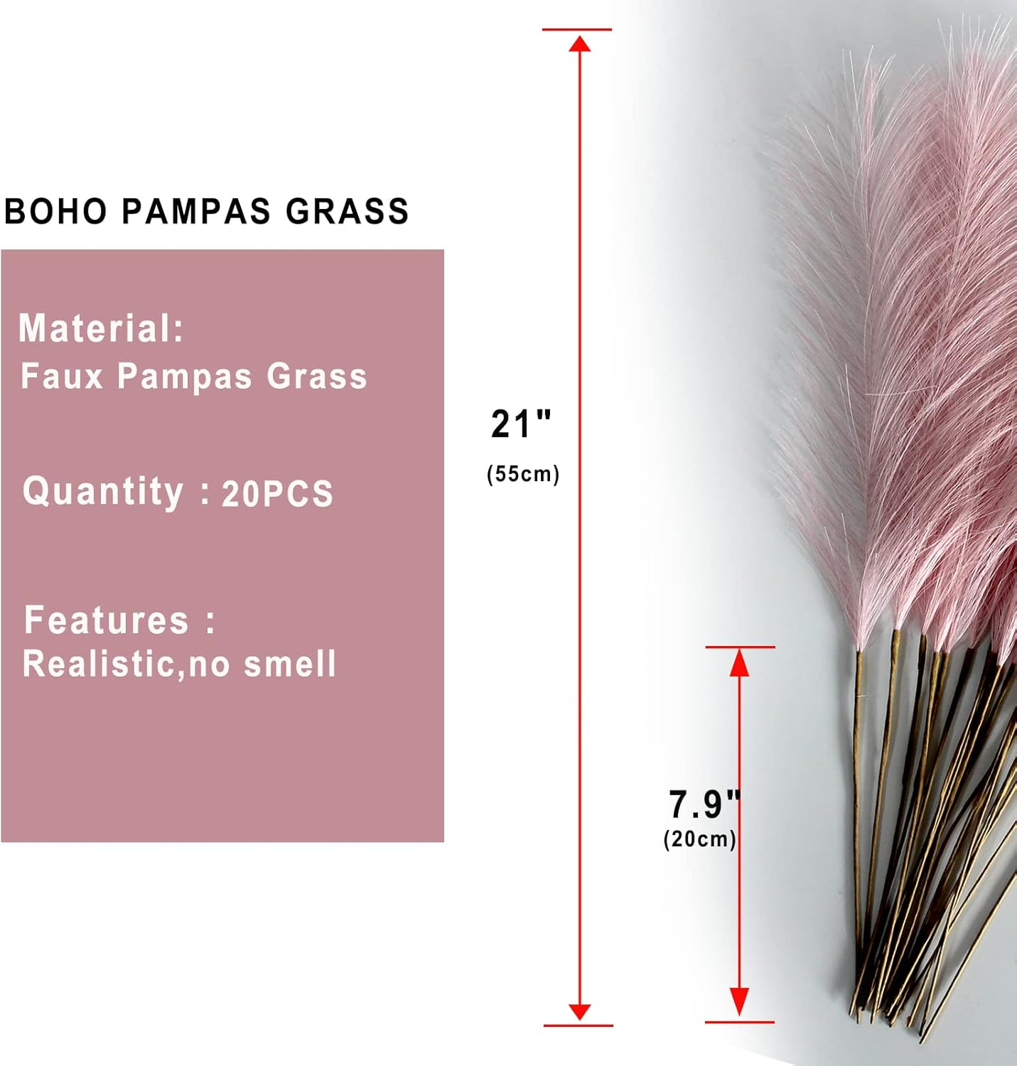 20 piezas de hierba de pampa sintética bohemia, 21 pulgadas, decoración de césped artificial de las pampas para la habitación del hogar (rosa)