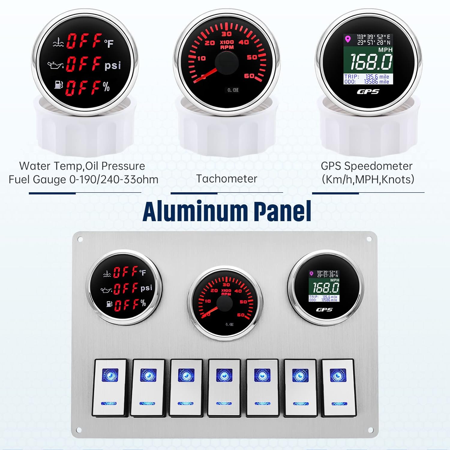 ARTILAURA Velocímetro GPS + tacómetro + temperatura de aguapresión de aceitemedidor de combustible con panel de interruptor basculante marino, 12 V