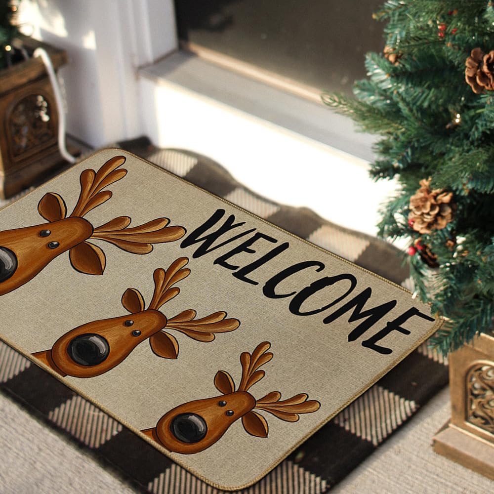 Tapete de bienvenida con ciervos de Navidad, 17 x 29 pulgadas, tapete decorativo de invierno de temporada, antideslizante y lavable, para interiores