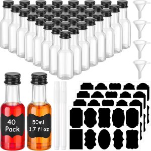 40 mini botellas de licor de 1.7 onzas de plástico reutilizables con tapa de rosca negra, mini embudo, etiquetas y marcador blanco, mini botellas de 40 mini botellas de licor de 1.7 onzas de plástico reutilizables con tapa de rosca negra, mini embudo, etiquetas y marcador blanco, mini botellas de