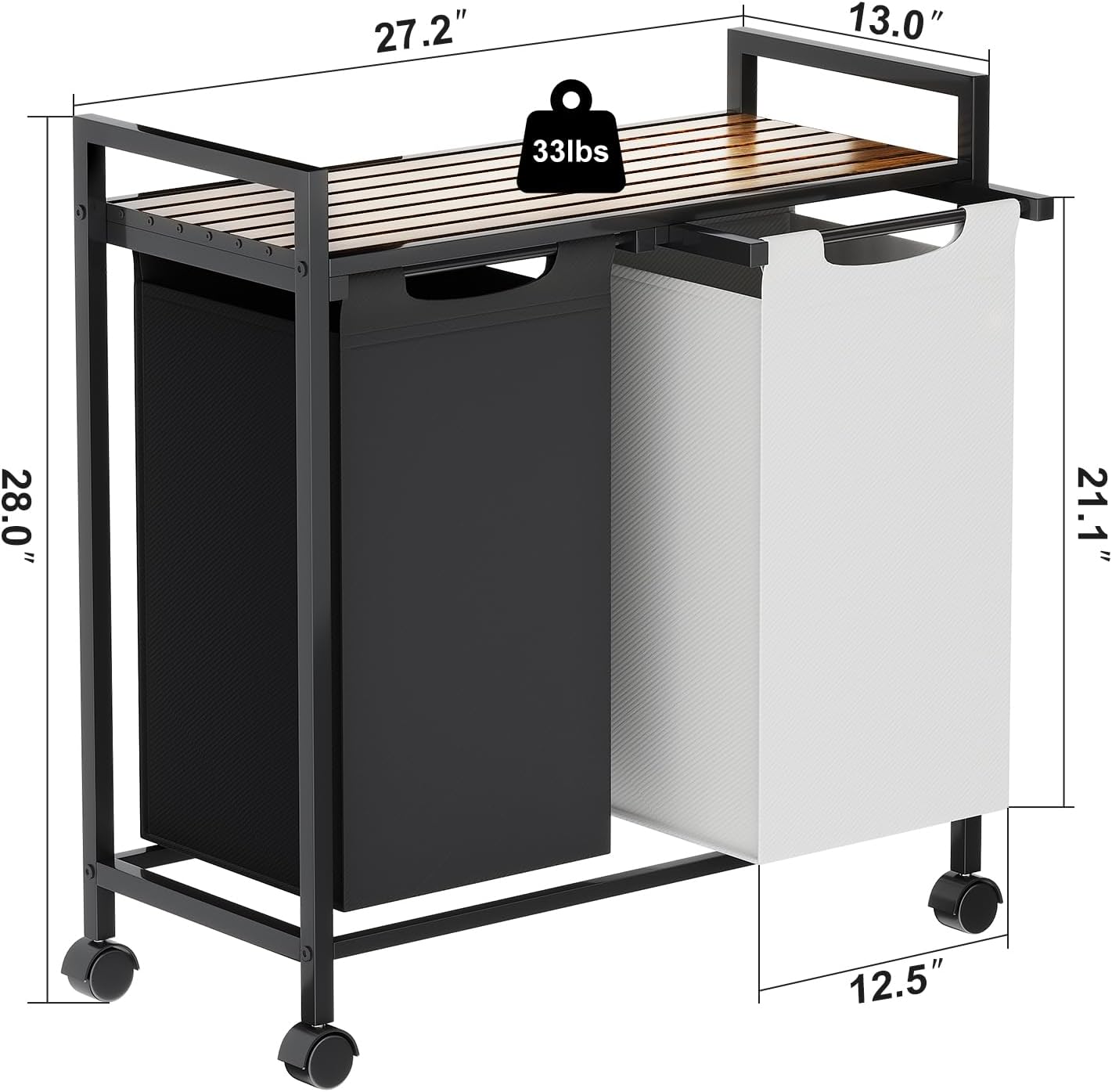 ZERDER Cesta de lavandería, 2 cestas de lavandería en blanco y negro, con estante superior y 4 ruedas universales, bolsas clasificadoras de