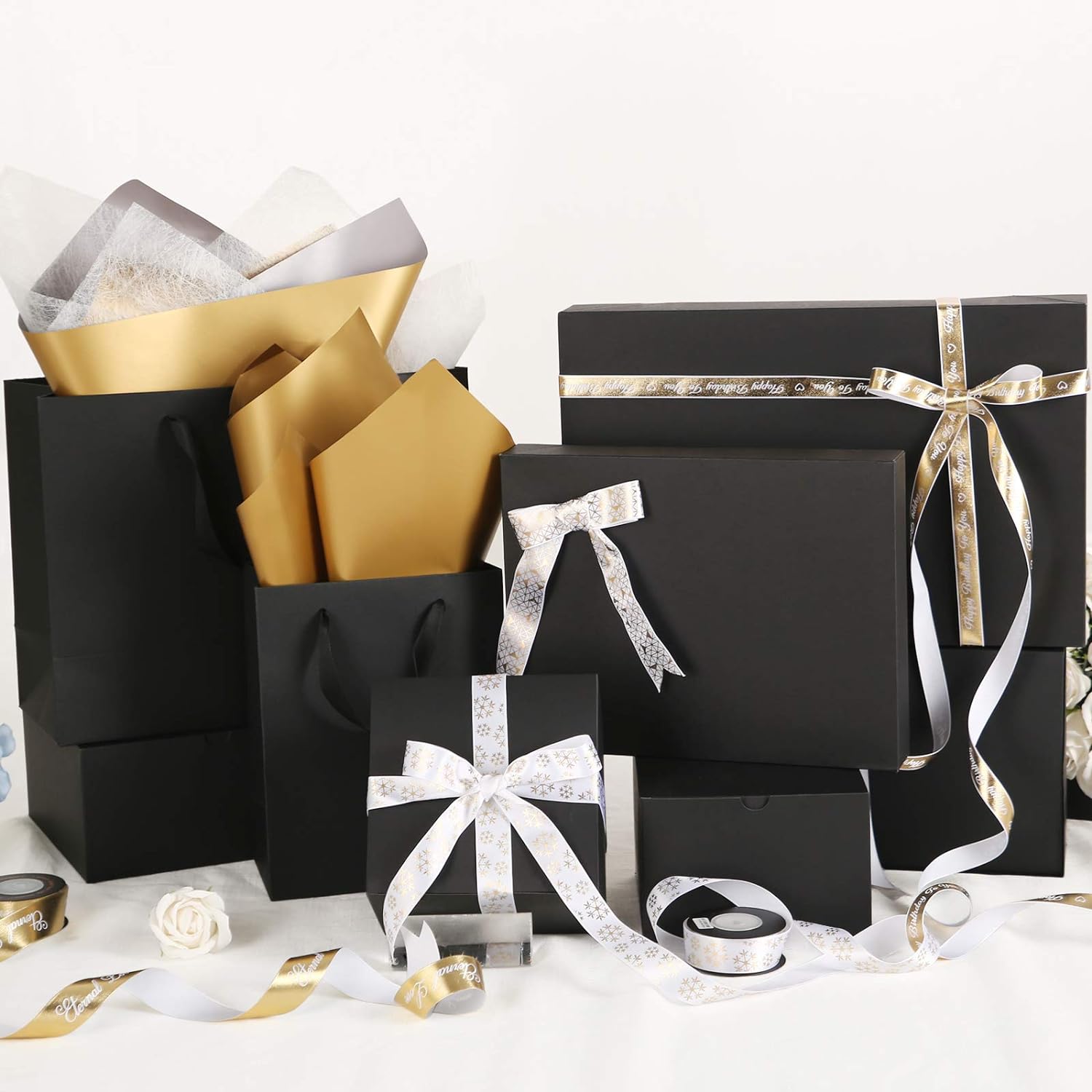 JINMING 6 cajas de regalo extragrandes con tapas de 17 x 11 x 2.5 pulgadas, cajas de regalo de tela negra, cajas de regalo de ropa (negro mate)