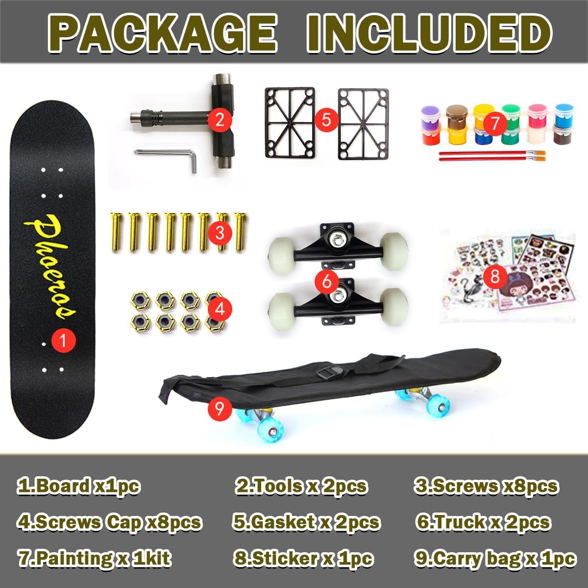 DIY Complete Skateboards- Standard Skateboards for Beginners Kids Boys Girls Teenager- 31”x 8”Canadian Maple Cruiser Pro Skate Board, Skateboards
