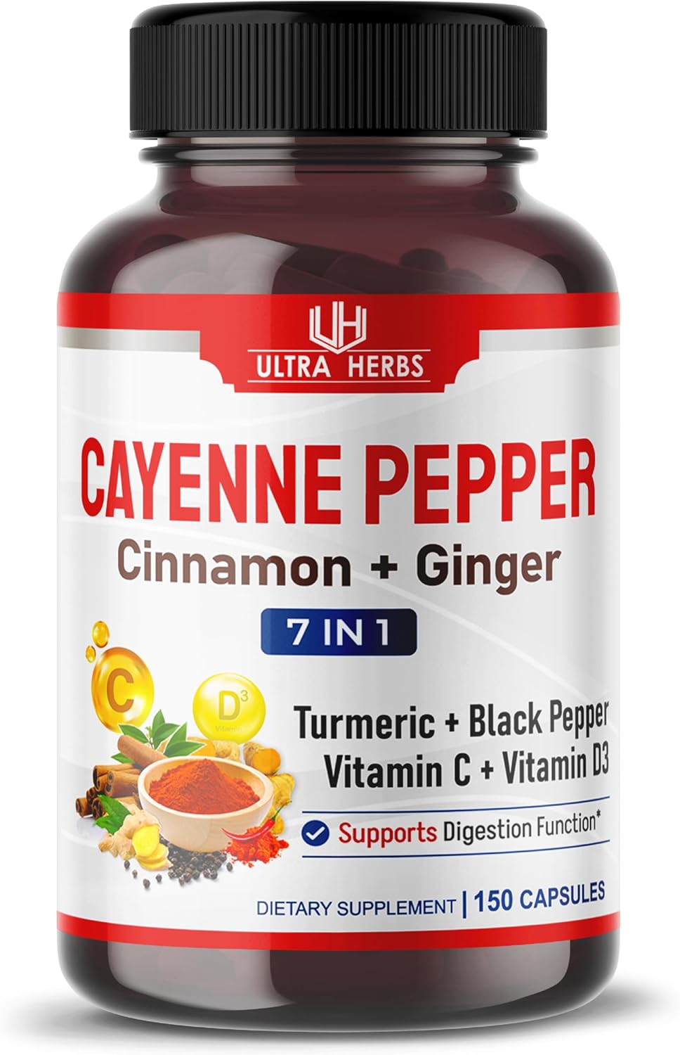 Pimienta de Cayena 7 en 1 – 16,250 mg – con jengibre, cúrcuma, canela, pimienta negra – Promueve la función del sistema digestivo (suministro de 150