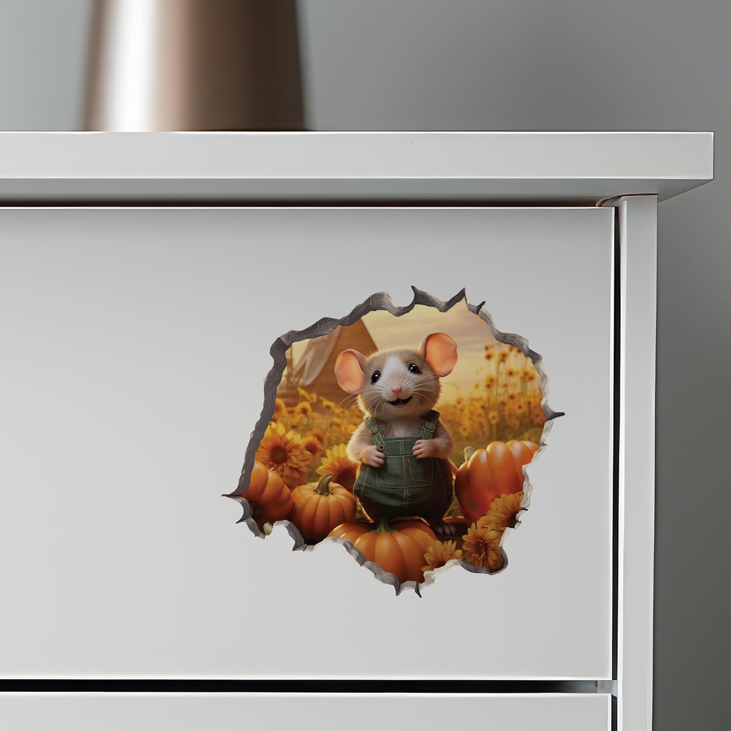 Calcomanía de pared 3D con parche de calabaza con agujero de ratón