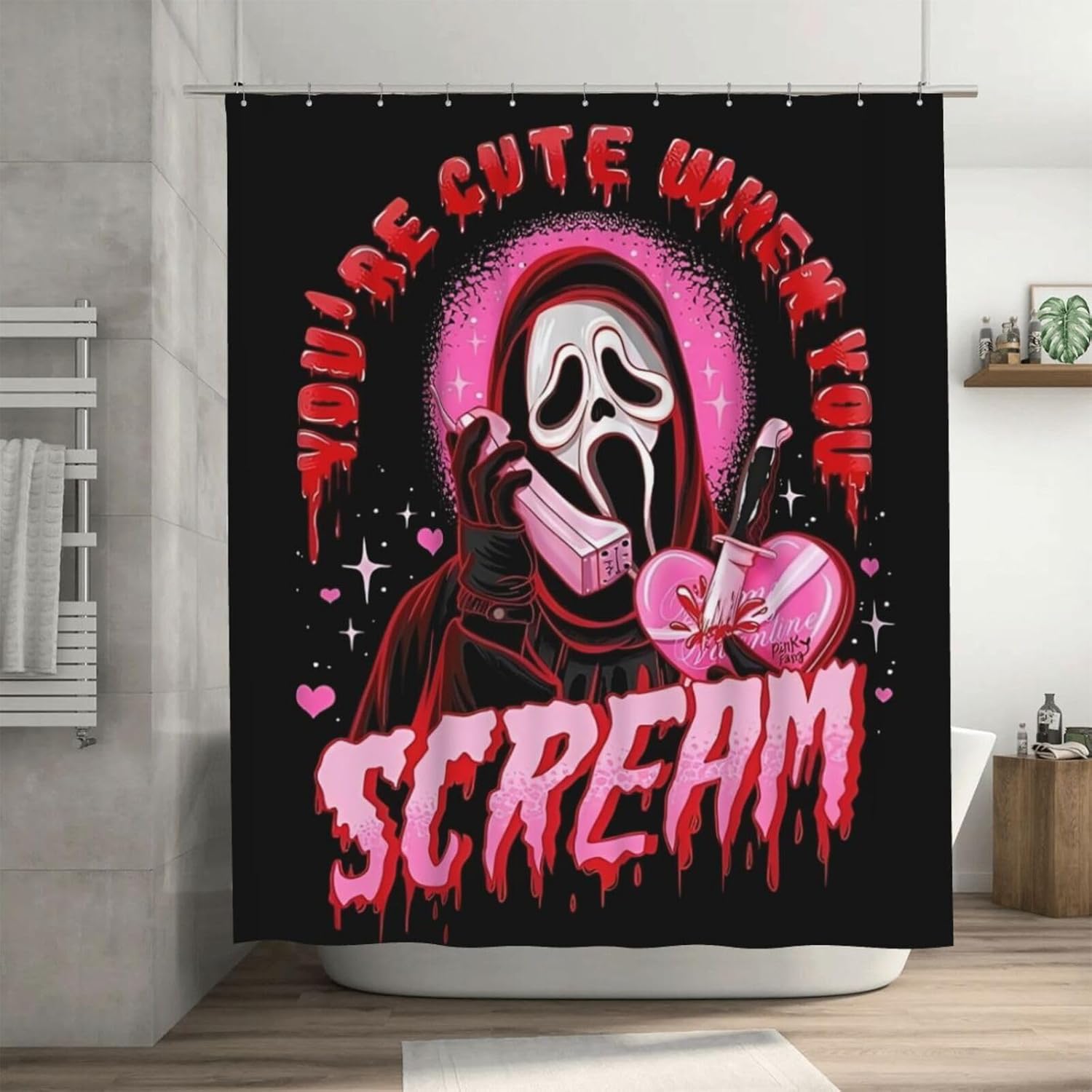 Cortina de ducha con cara de fantasma rosa con ojales y ganchos de hierro, impermeable, lavable, cortina de ducha de tela de poliéster, cortinas de