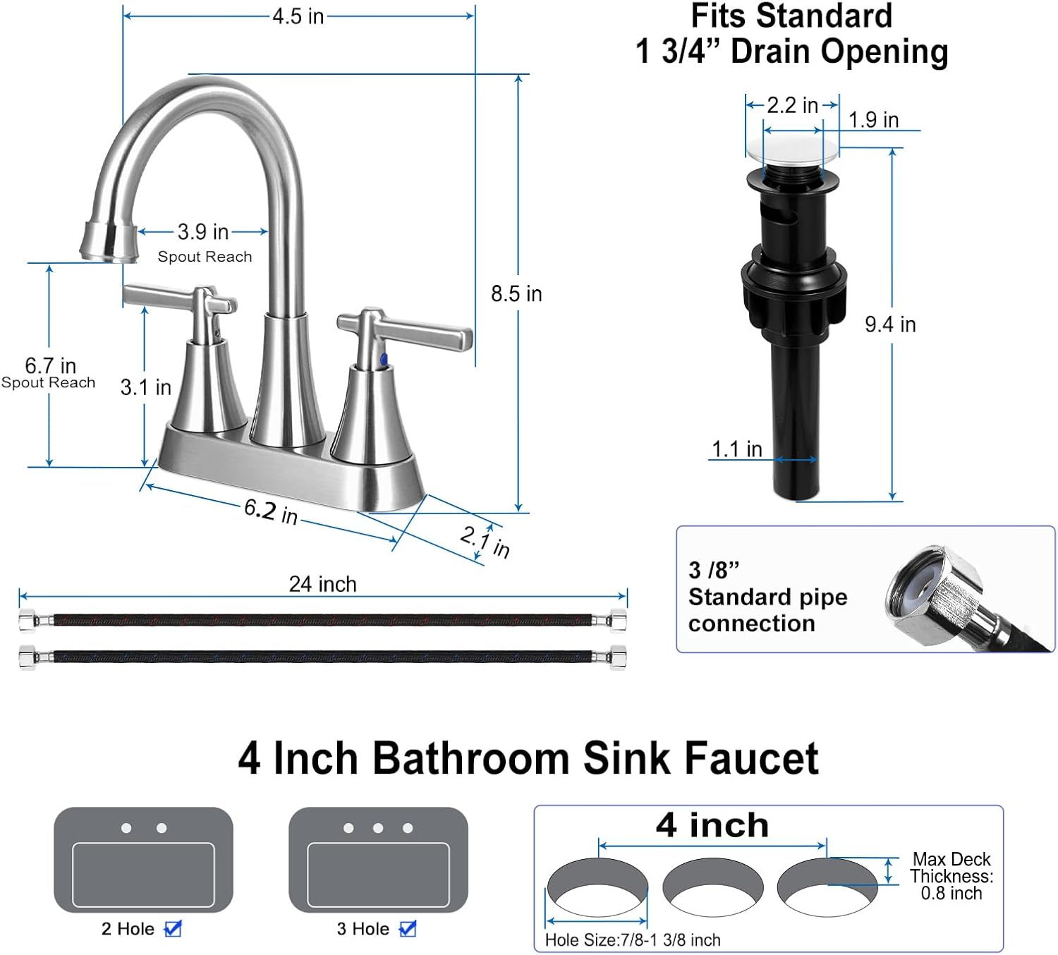 Grifo de baño, grifo de lavabo de baño de 3 agujeros de 4 pulgadas, juego central de acero inoxidable sin plomo, 2 asas, con drenaje desplegable y 2