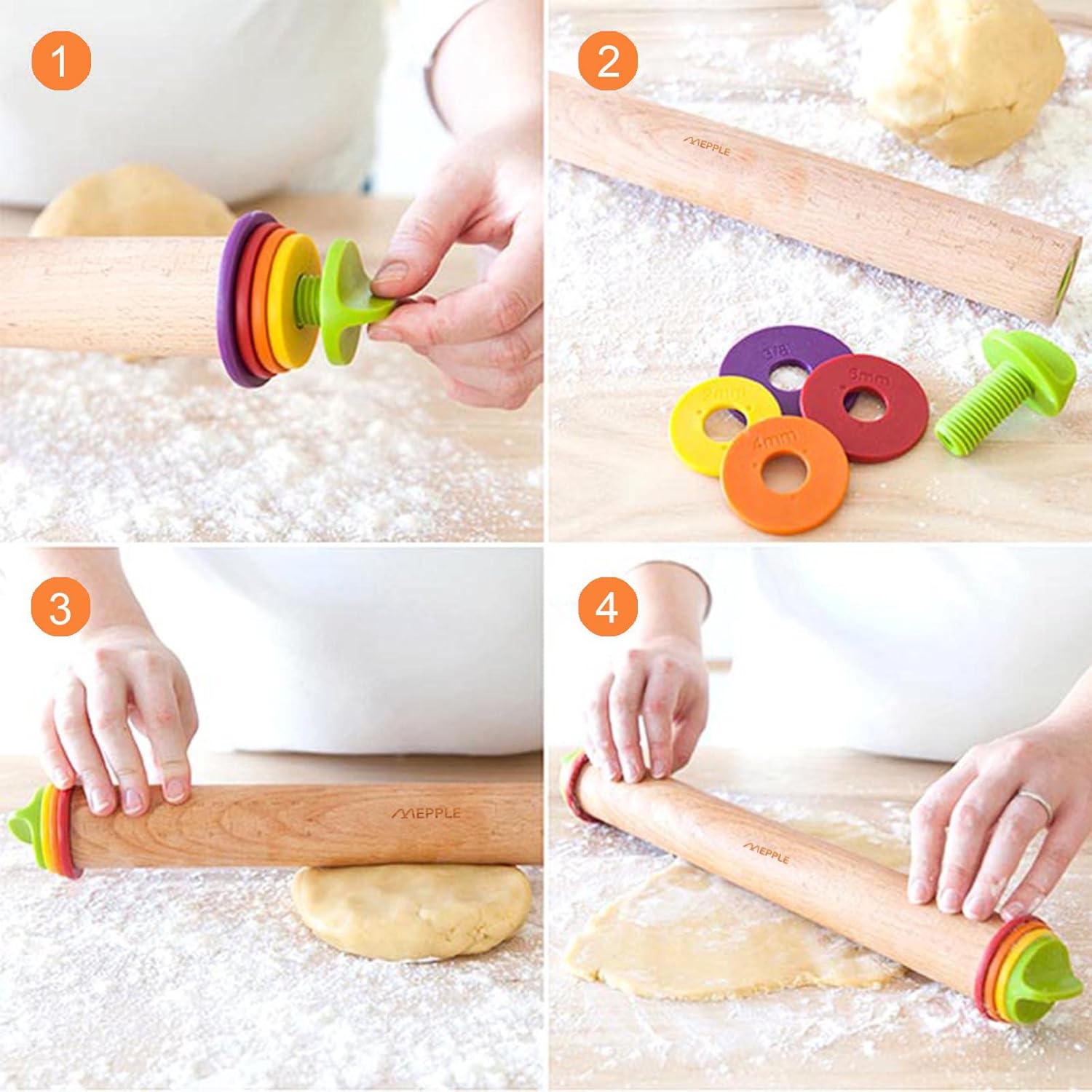 Rodillo con anillos de grosor para fondant, pizza, corteza de pastel, galletas, pastelería, barra de rodillo para el grosor de la masa, rodillo para