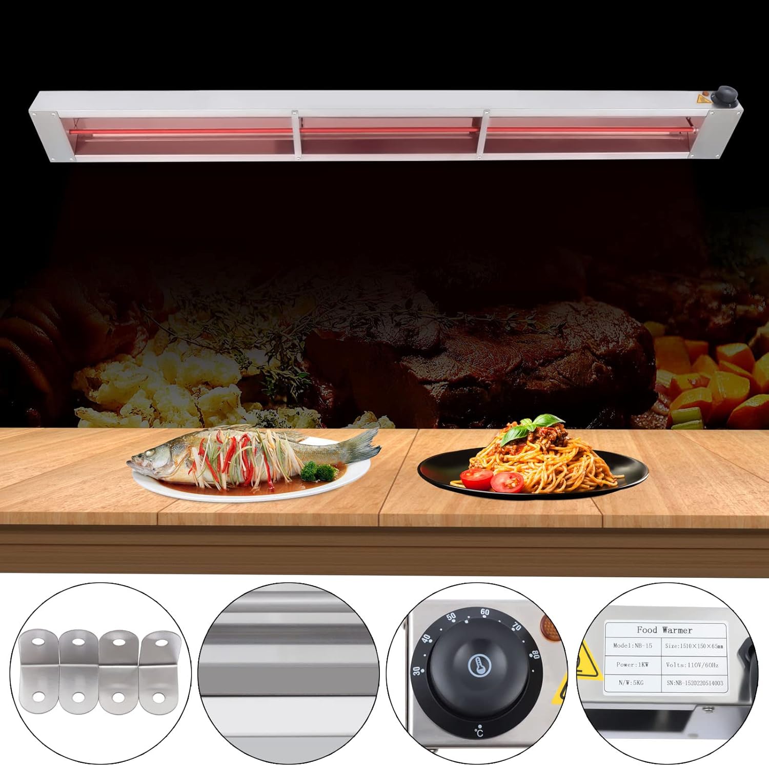 Calentador eléctrico de tira de 60 pulgadas, 1000 W, 110 V, grado comercial, calentador infrarrojo de alimentos, temperatura ajustable, calentador