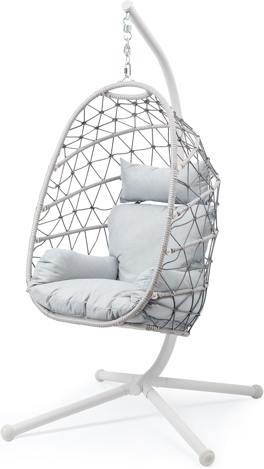 Silla colgante de huevo para exteriores, silla hamaca con soporte para interiores, silla colgante de mimbre bohemia con soporte de 350 libras de
