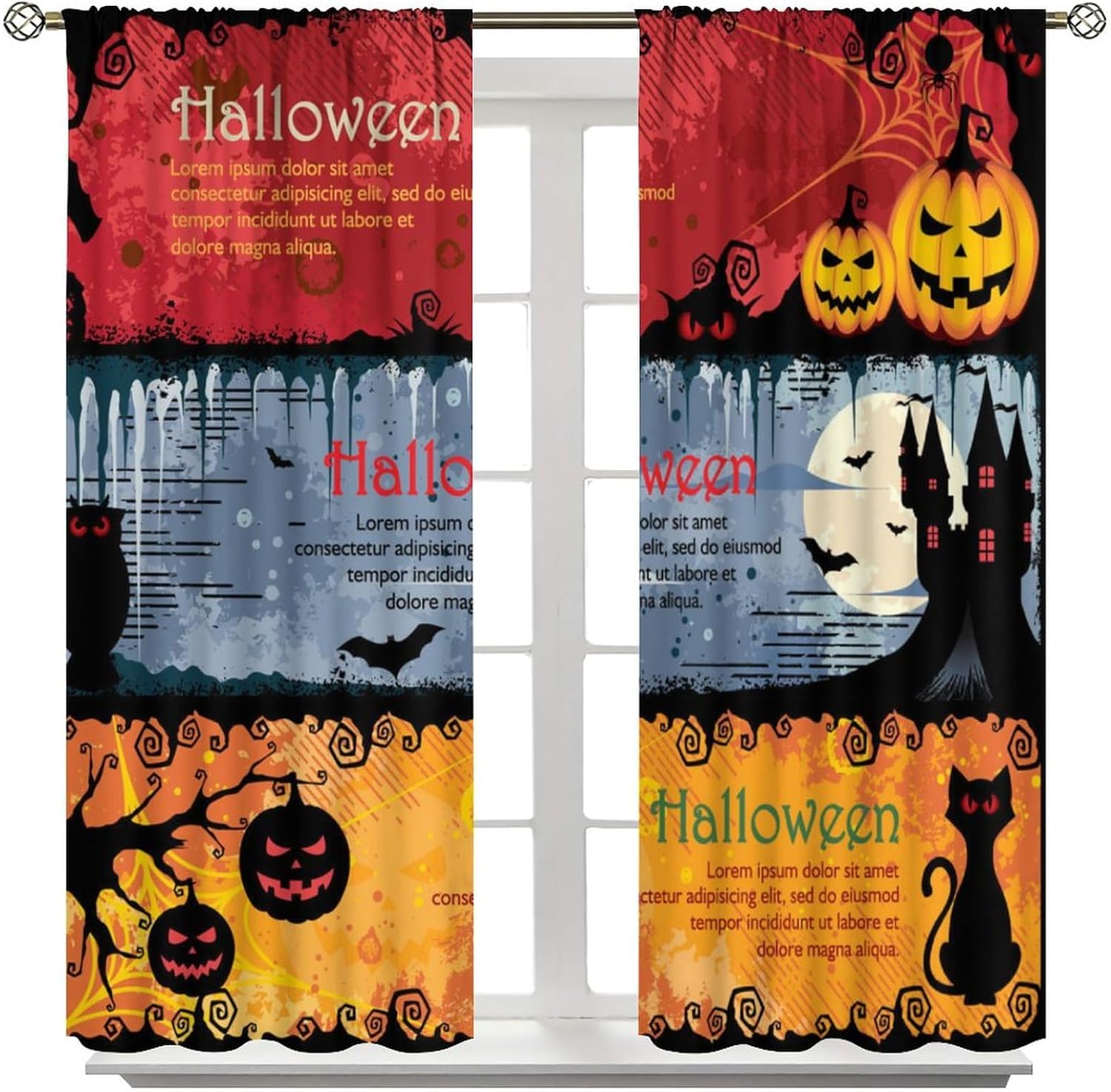 Cortinas de Halloween de terror, caricatura, gato, calabaza, murciélago, castillo, patrón de Halloween, cortinas impresas para decoración del hogar,
