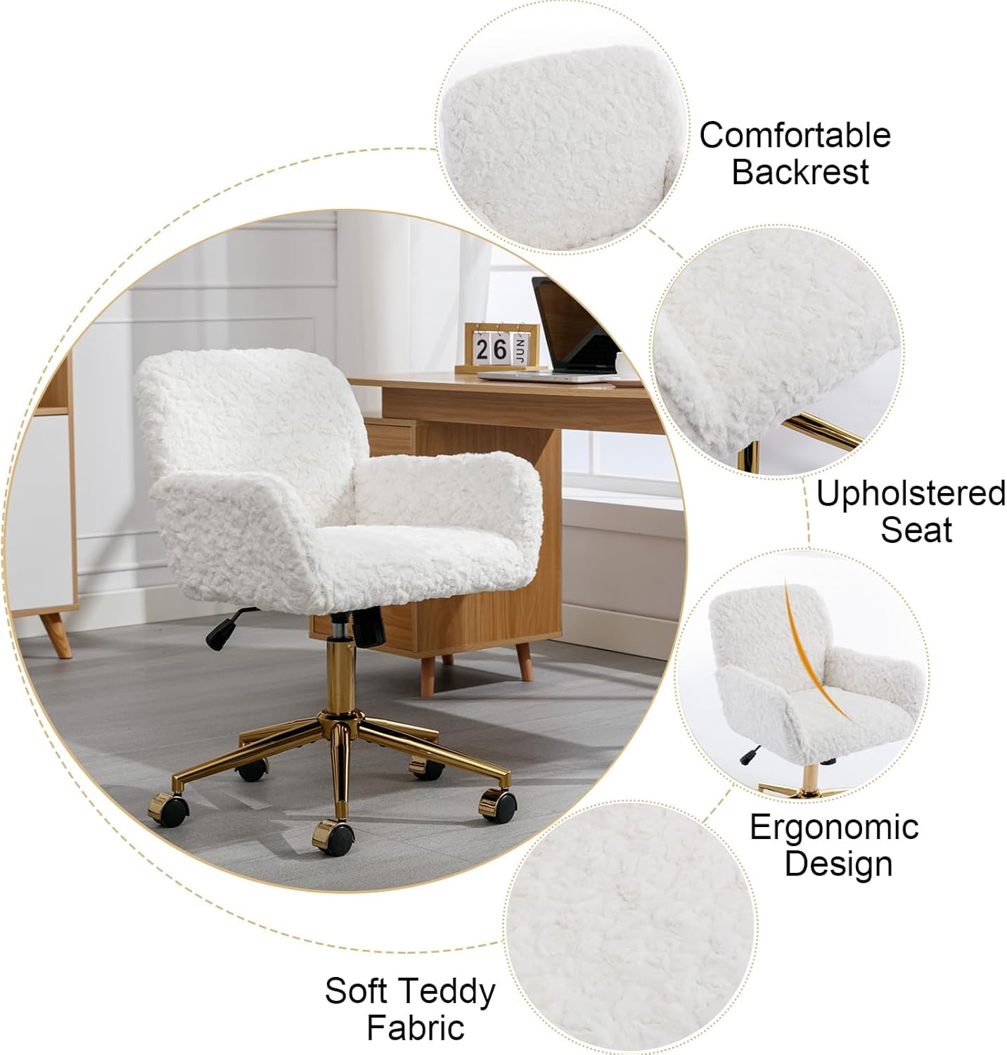 SSLine Silla de escritorio de piel sintética, moderna y bonita silla de oficina, cómoda silla giratoria de tela de peluche mullida con ruedas para