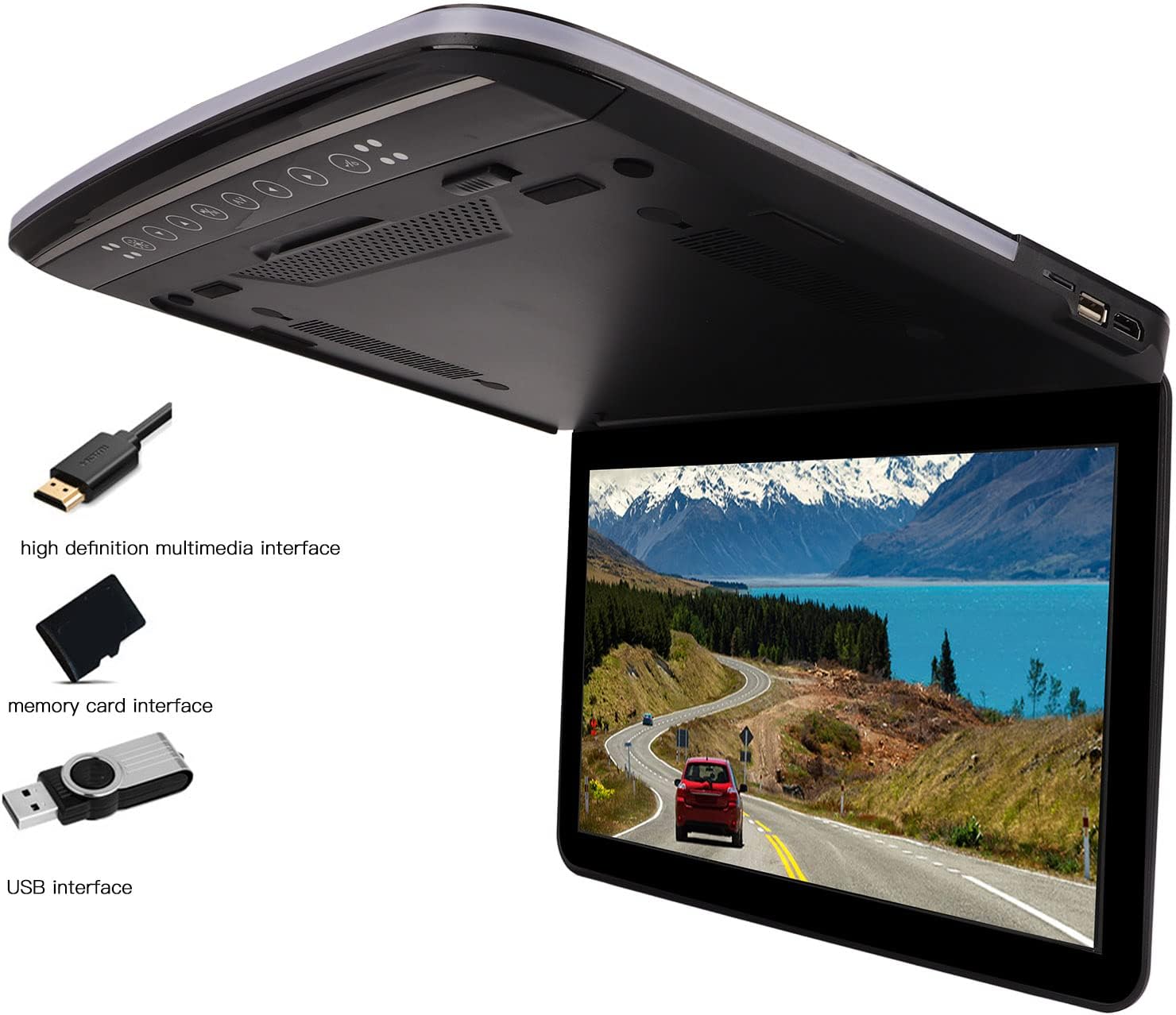 Monitor de techo de automóvil de 13.3 pulgadas, pantalla panorámica TFT de 169, reproductor de video superior de coche HD de 1080P con luz de doble