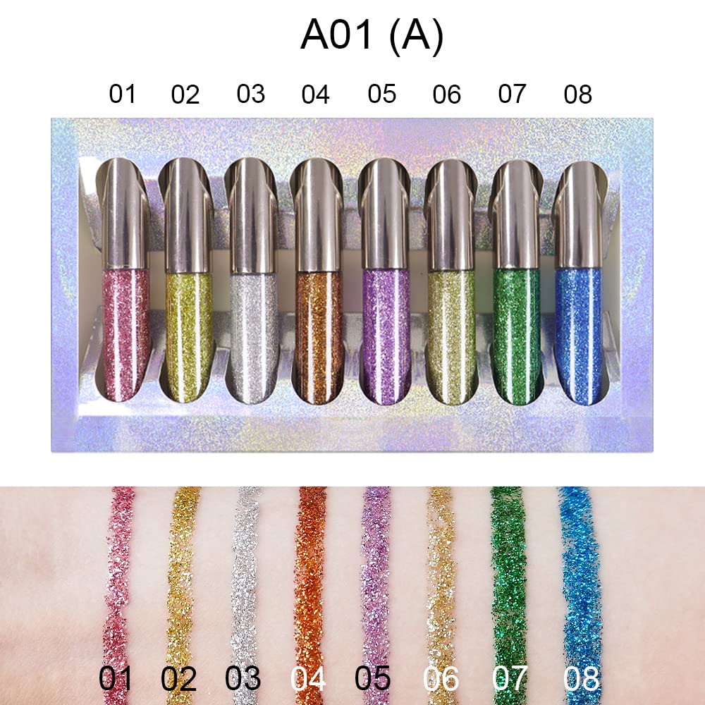 Delineador de ojos con purpurina líquida de 8 colores, juego de maquillaje de delineador de ojos brillante, morado claro, dorado, blanco plateado,